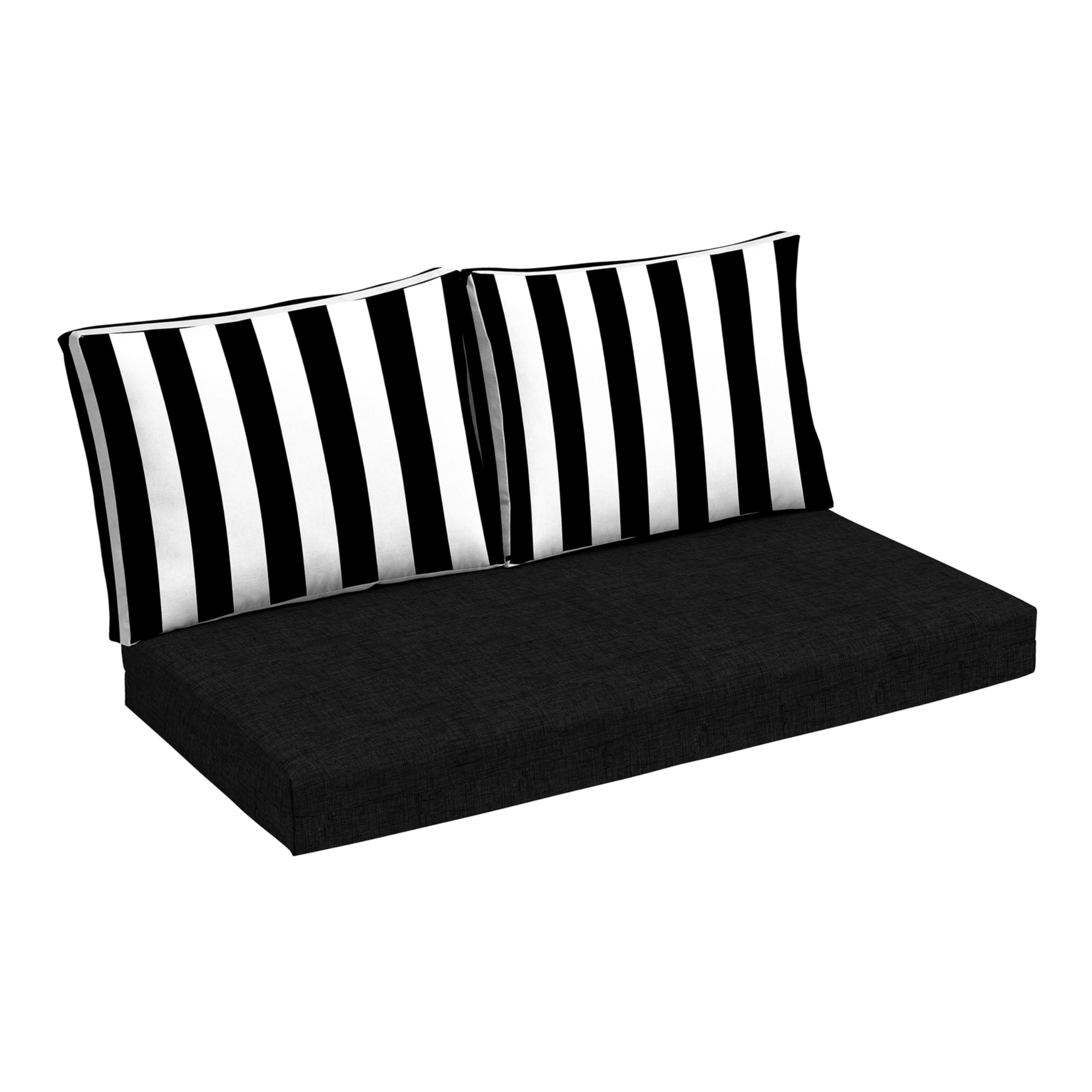 Arden Selections front view of black cabana stripe cushions showing style benefit
