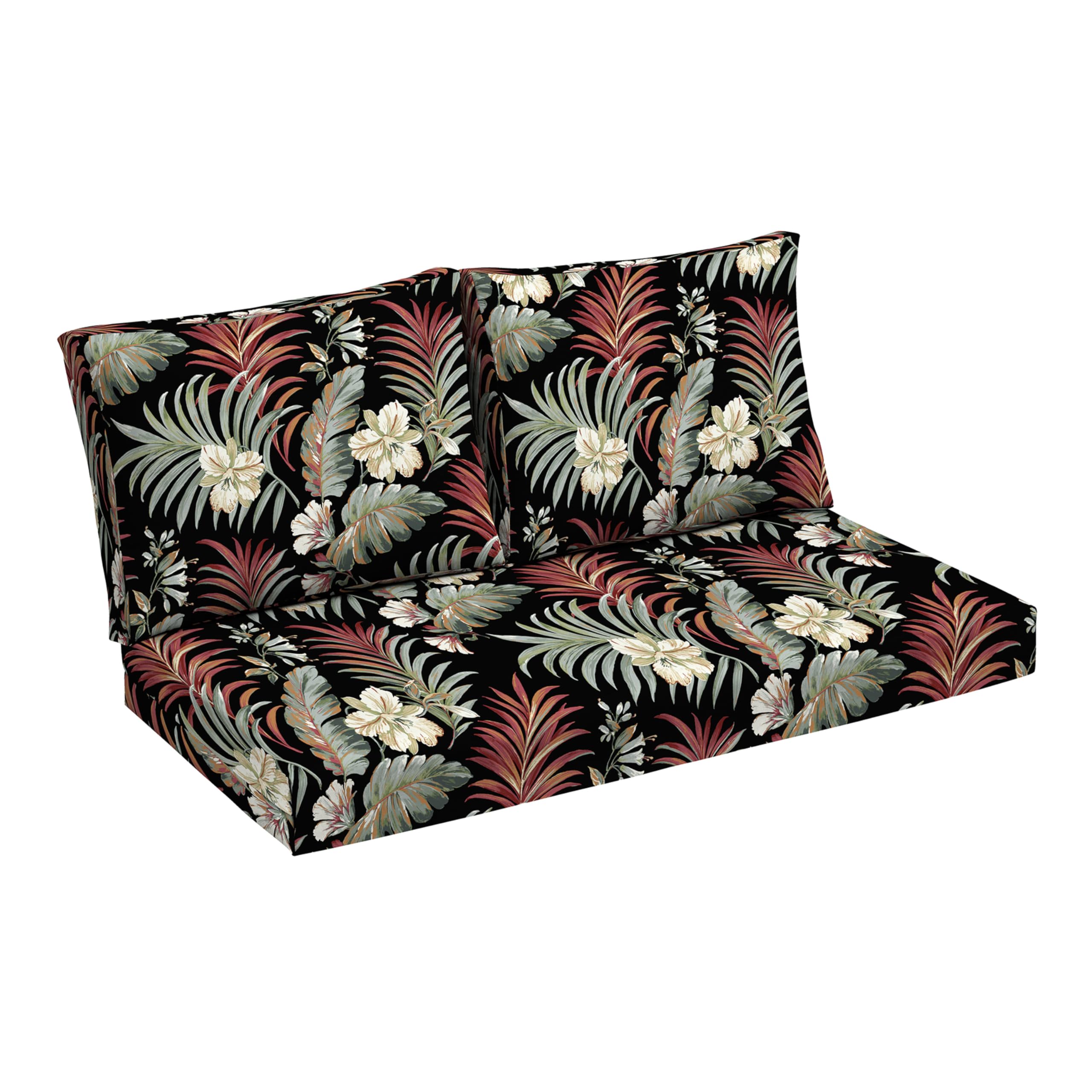 Arden Selections front view of three-piece Black Tropical cushion set showing pattern and fit
