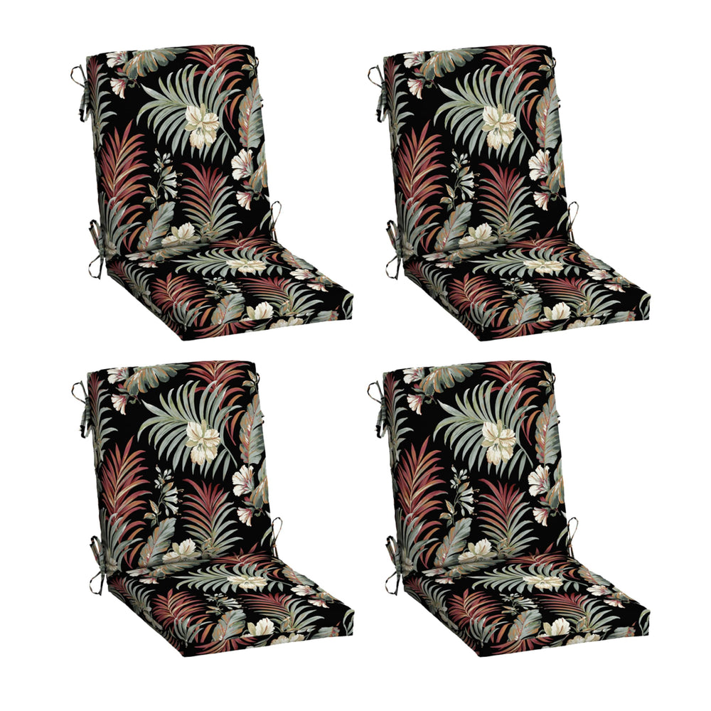 Arden Selections front view of 4-pack black tropical cushions showing pattern and packaging benefits