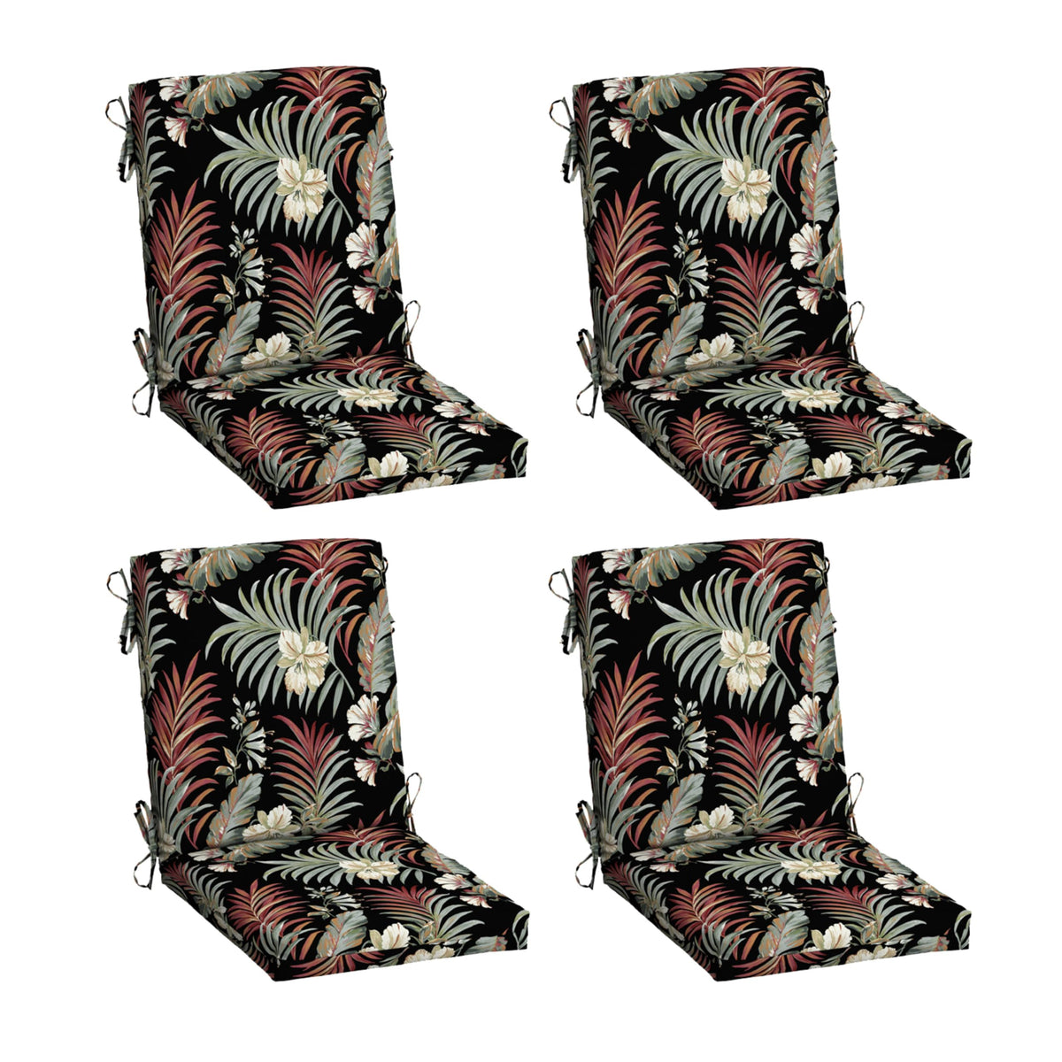 Arden Selections front view of 4-pack black tropical cushions showing pattern and packaging benefits
