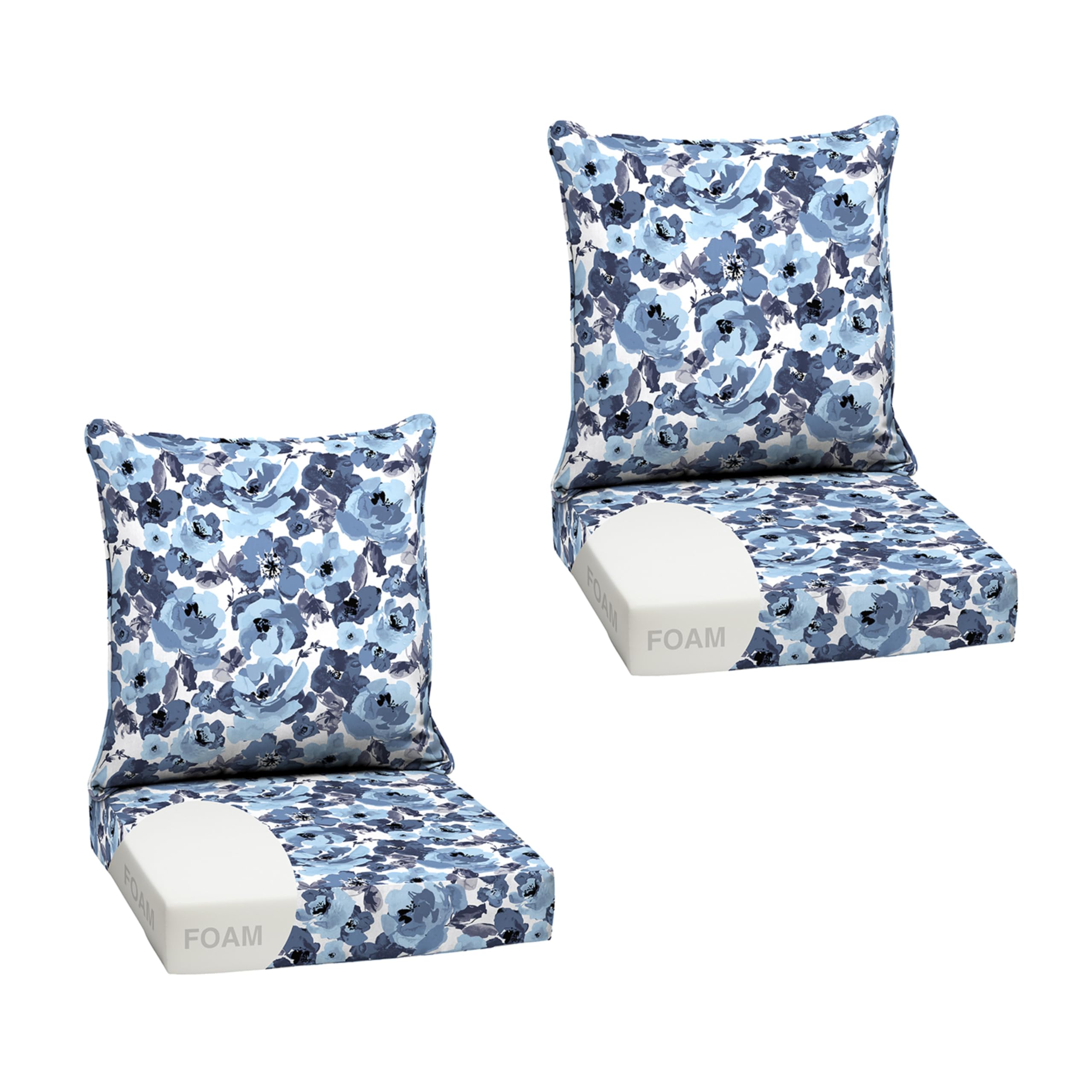 Arden Selections front view of blue garden floral cushions showing pattern and fit