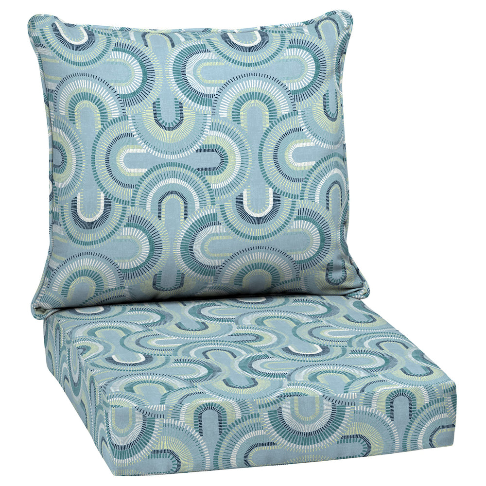 Arden Selections front view showing blue geometric cushions and benefit of colorful outdoor style