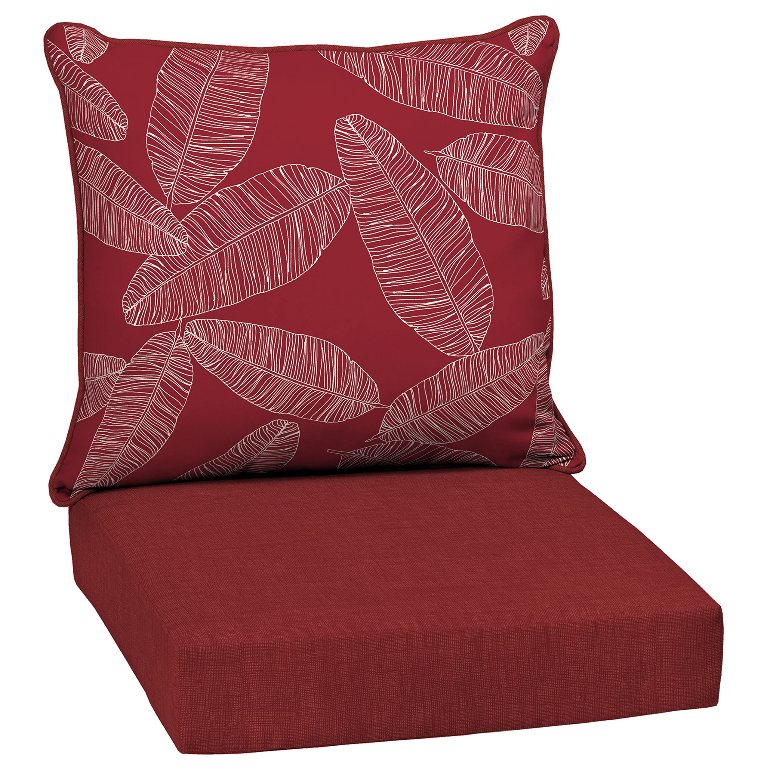 Arden Selections front view of red leaf palm cushion set showing vibrant pattern and fit