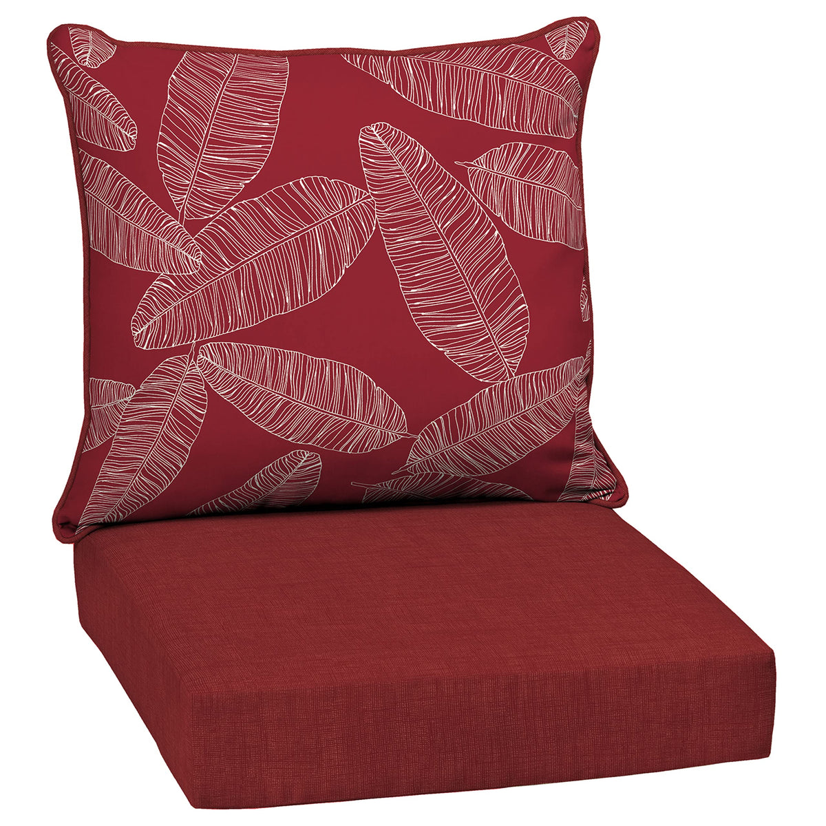 Arden Selections front view of red leaf palm cushion set showing vibrant pattern and fit