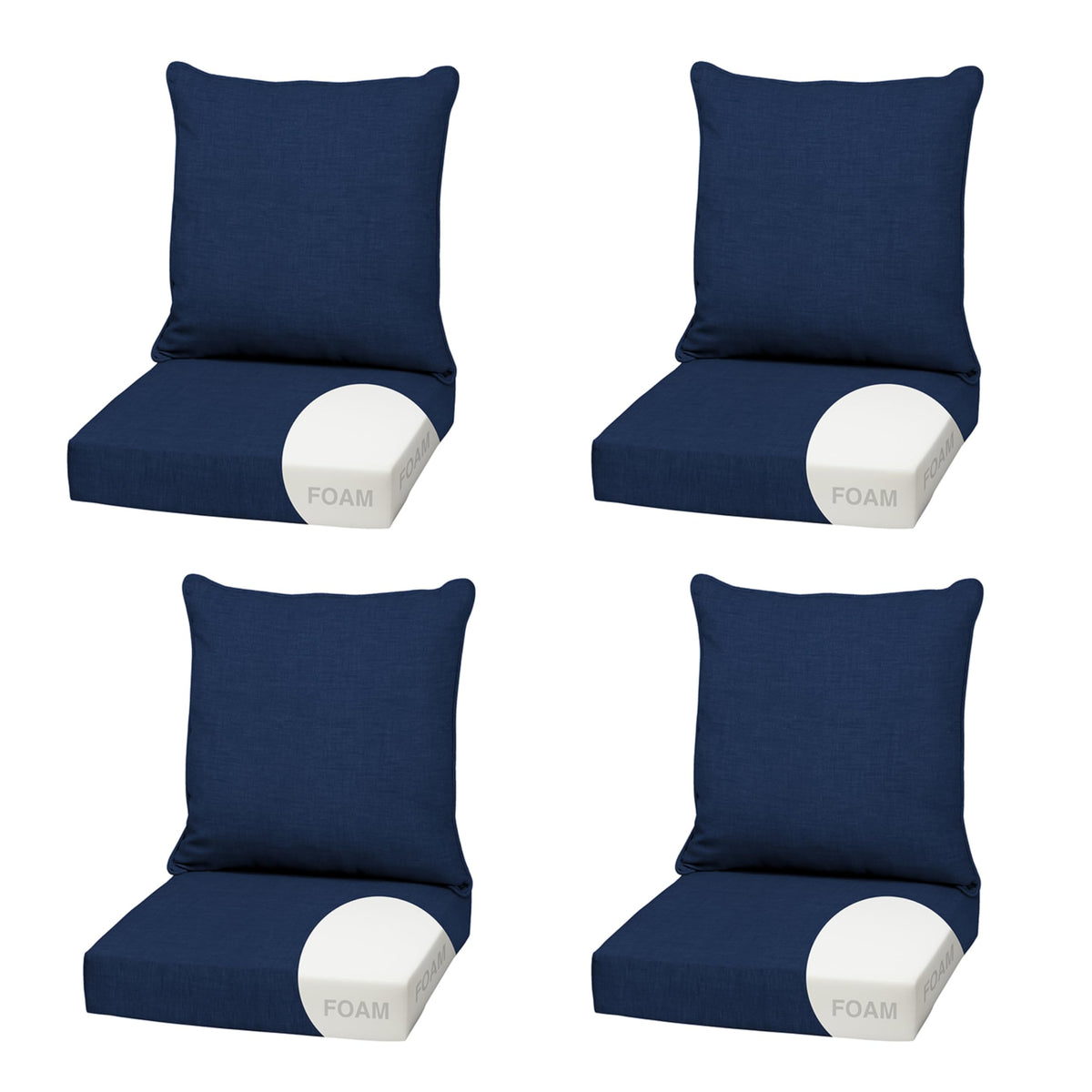 Arden Selections front view of sapphire blue 4-pack showing coordinated cushions and durable cover - vibrant patio appeal
