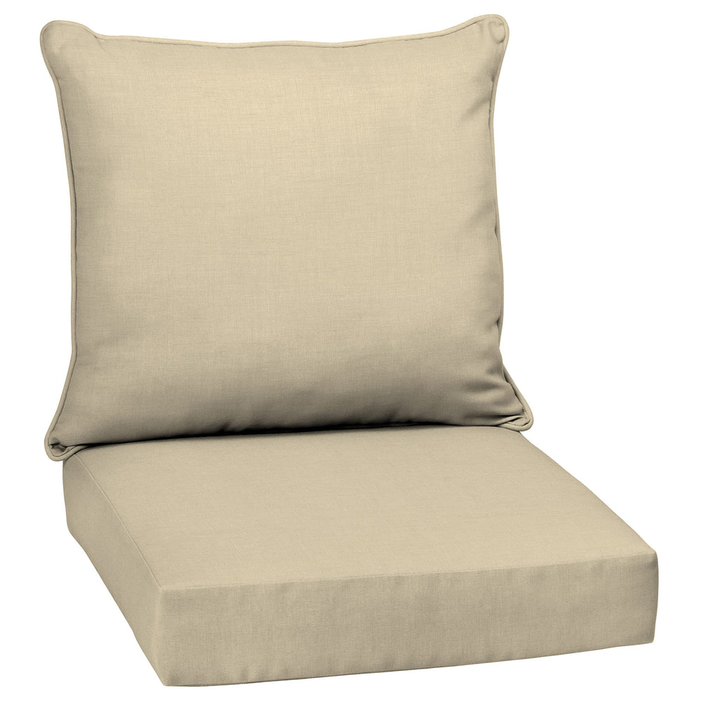 Arden Selections front view of tan deep seat cushion set showing clean finish and color