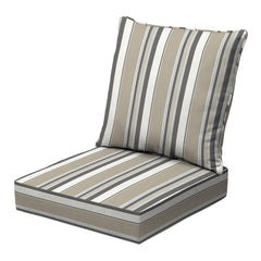 Arden Selections front view of Taupe Grey Stripe cushions showing pattern and fit for patios