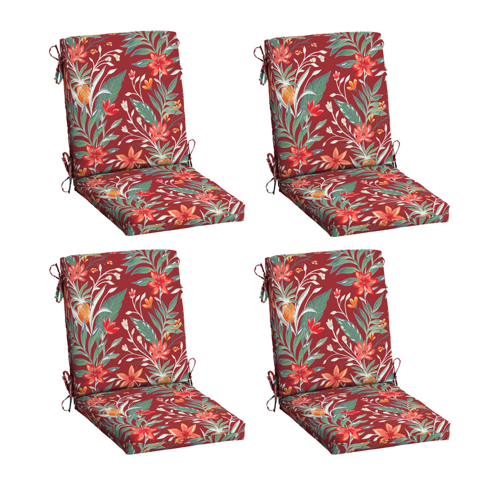 Arden Selections front view showing red tropical floral cushions and benefits of coordinated seating