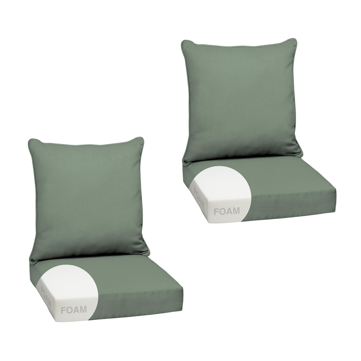 Arden Selections front view showing two sage green cushions and tidy fit