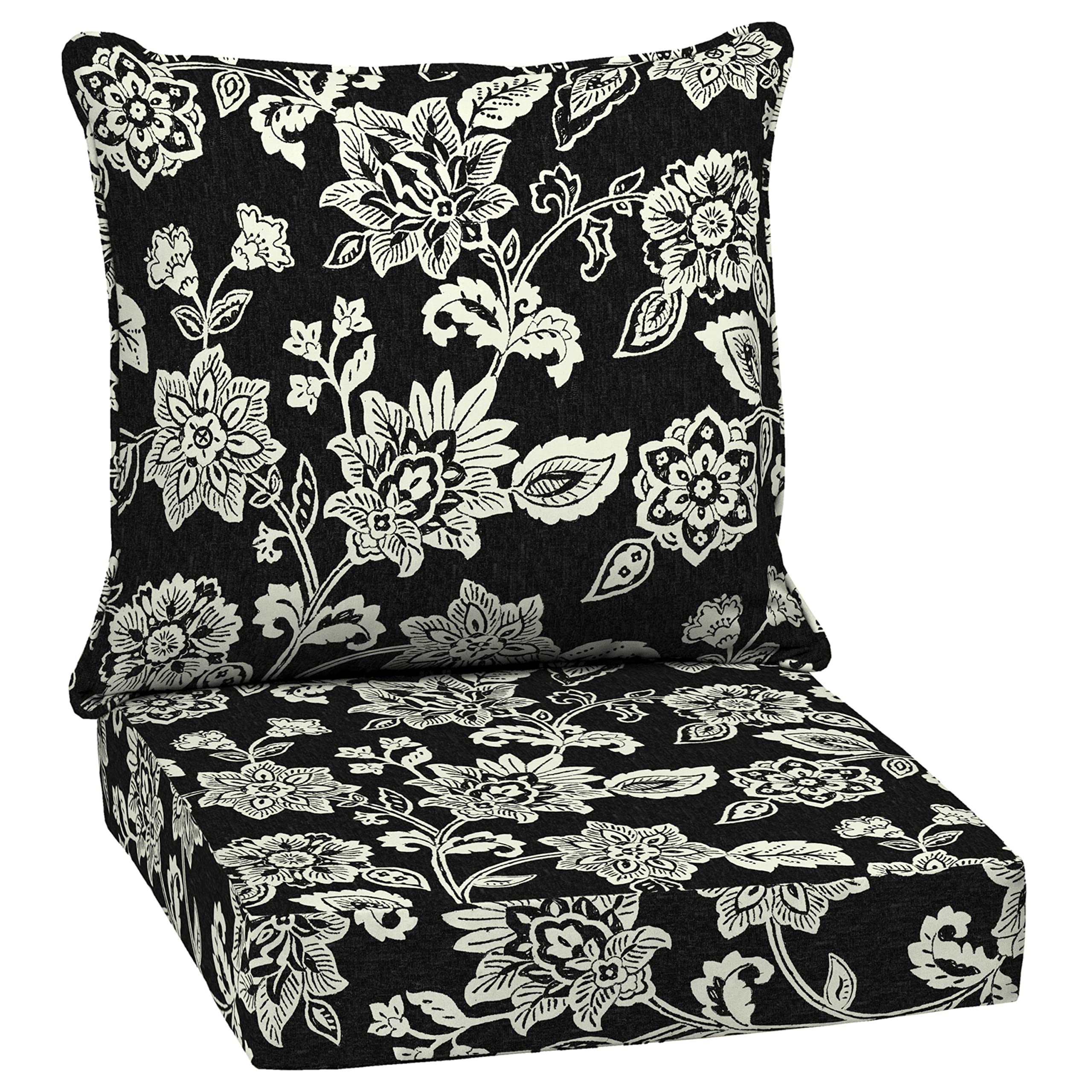 Arden Selections front view of Black Jacobean deep seat cushions showing pattern and fit benefit