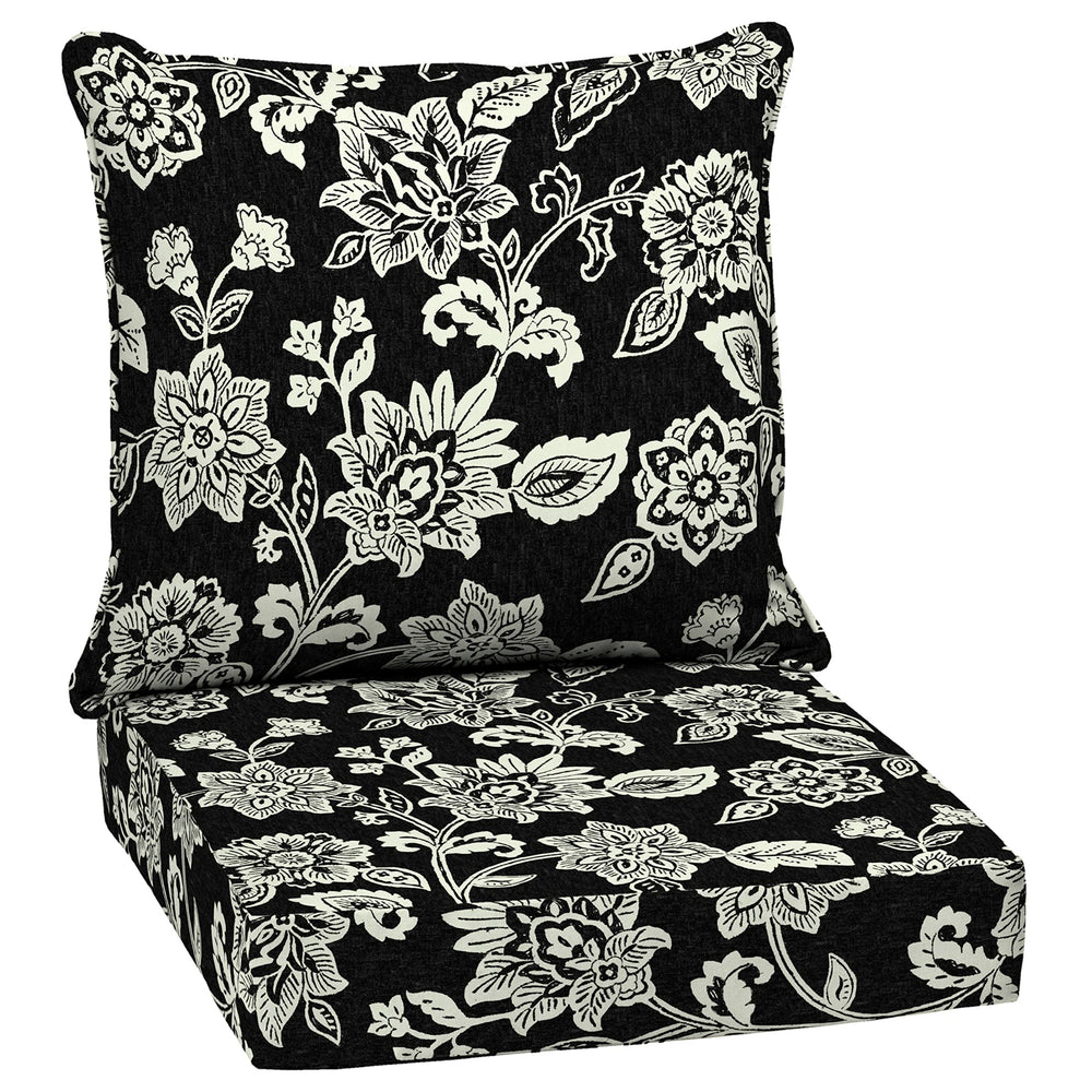 Arden Selections front view of Black Jacobean deep seat cushions showing pattern and fit benefit