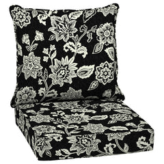 Arden Selections front view of Black Jacobean deep seat cushions showing pattern and fit benefit