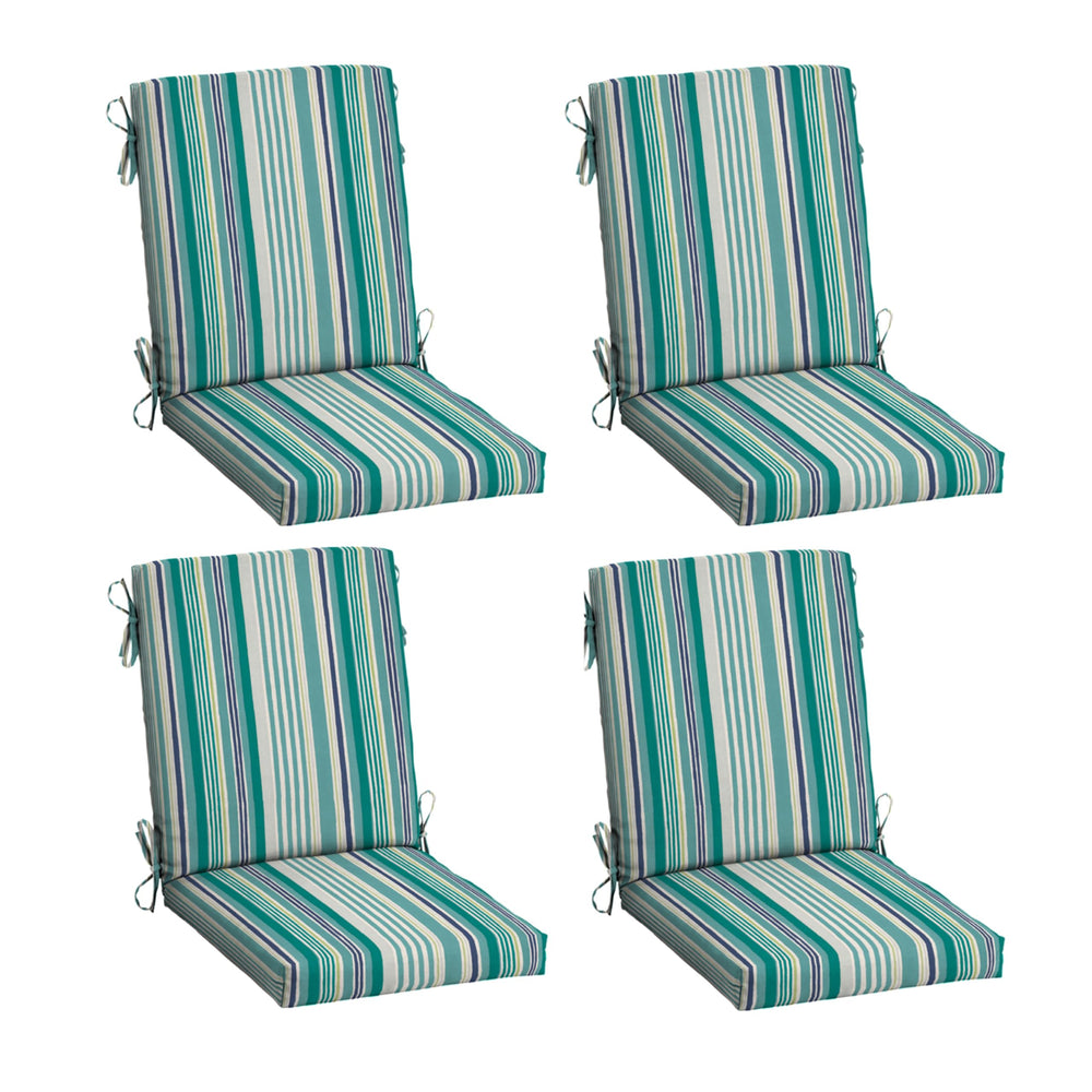 Arden Selections front view of teal cobalt stripe cushions showing vibrant color and fit