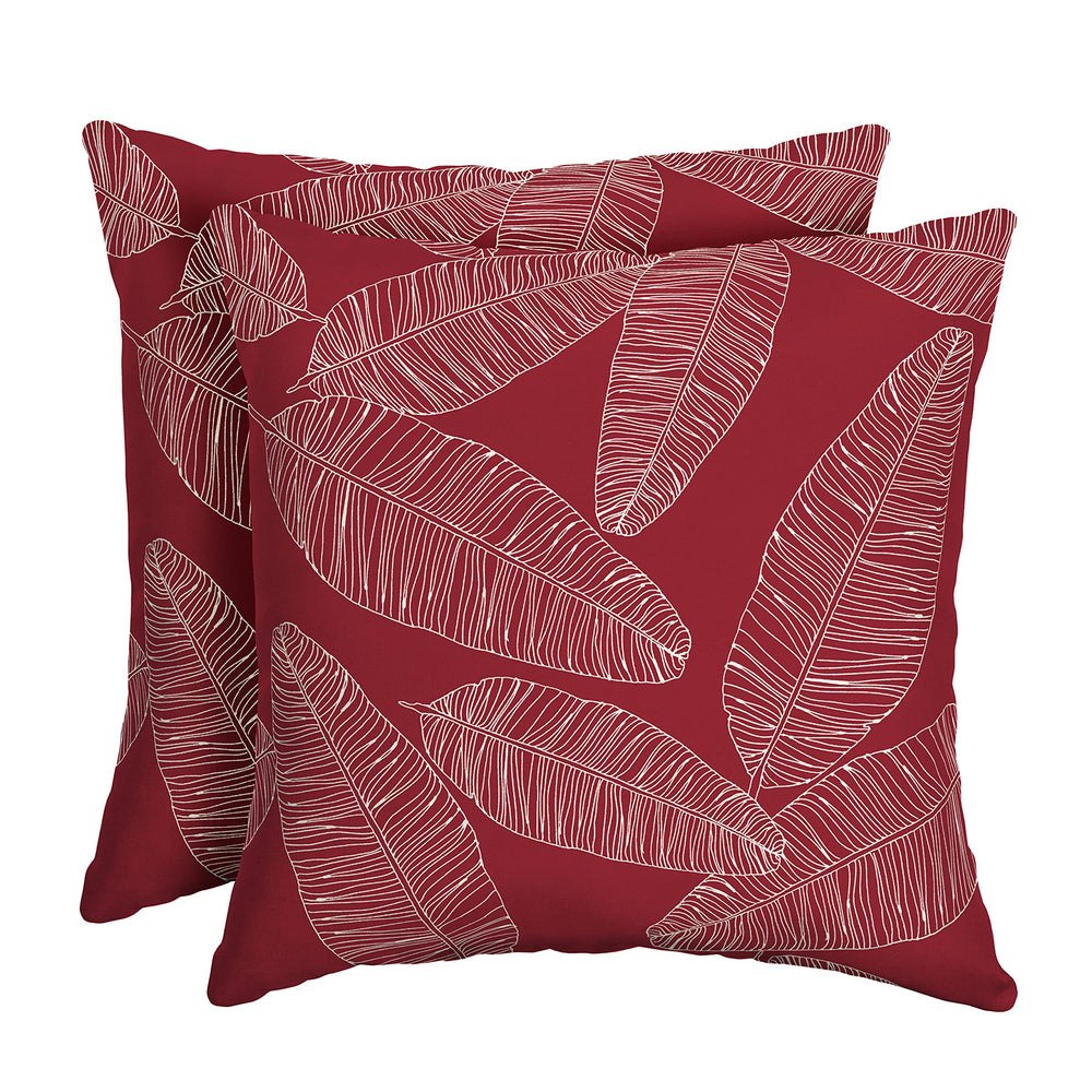 Arden Selections front view of two red leaf palm toss pillows showing vibrant color and durable look