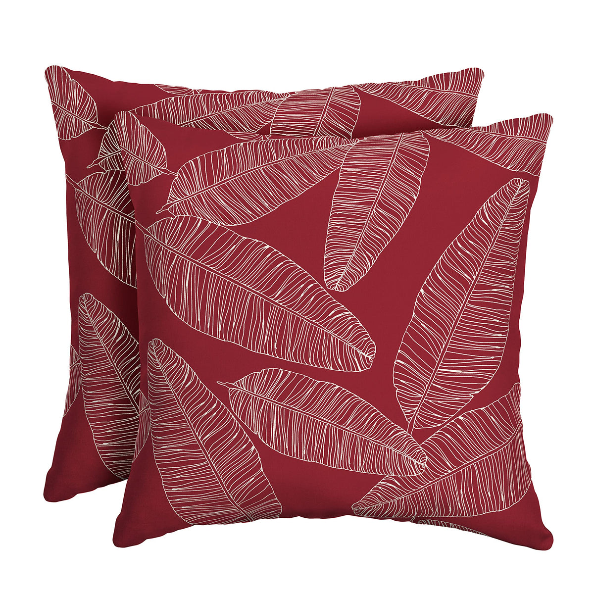 Arden Selections front view of two red leaf palm toss pillows showing vibrant color and durable look