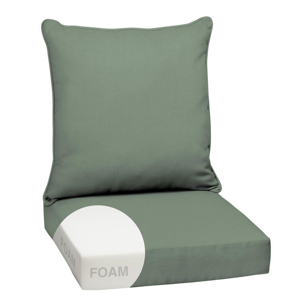 Arden Selections front view of sage green deep seat cushion set showing clean finish and comfort
