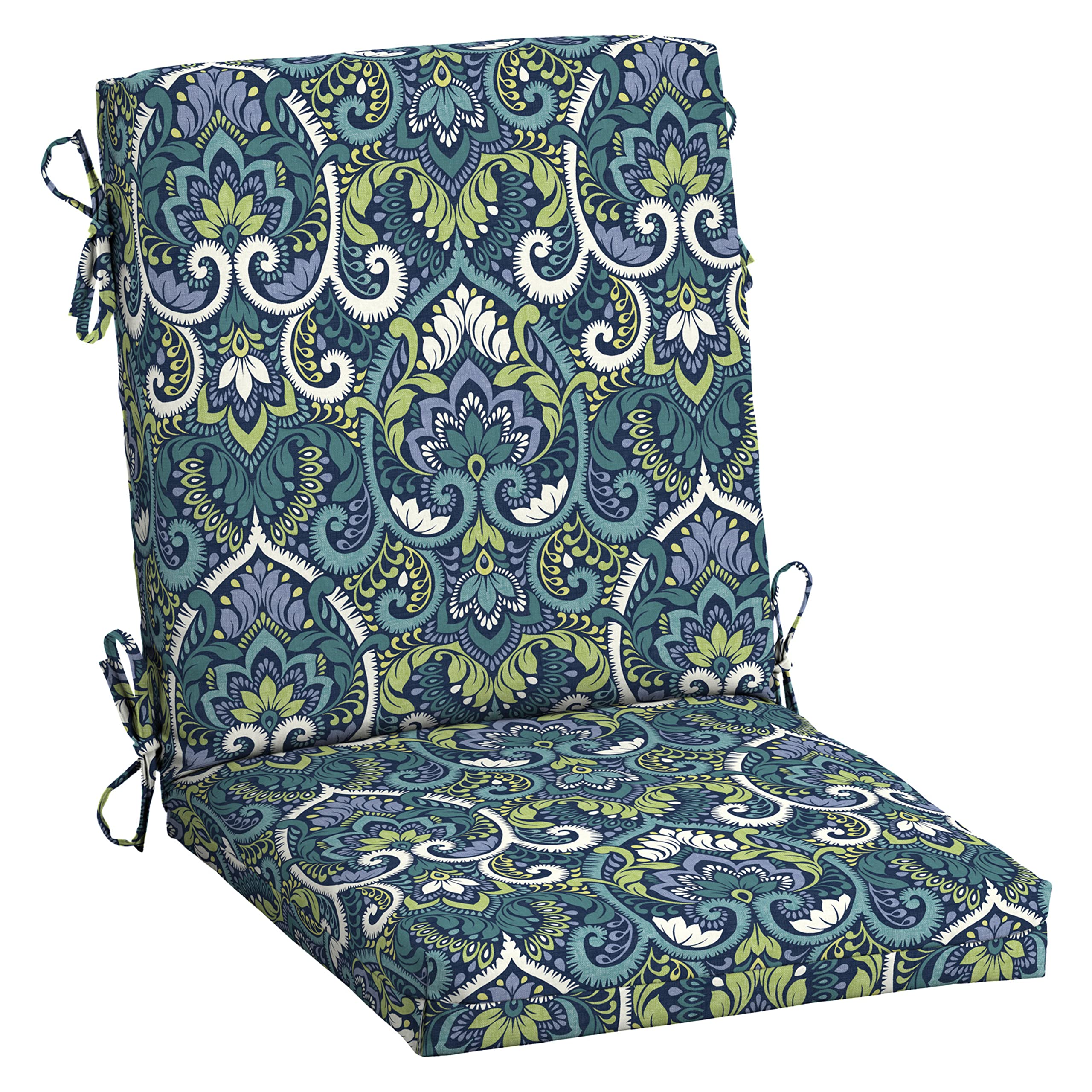 Arden Selections front view of sapphire aurora blue damask cushion, vibrant seat appeal