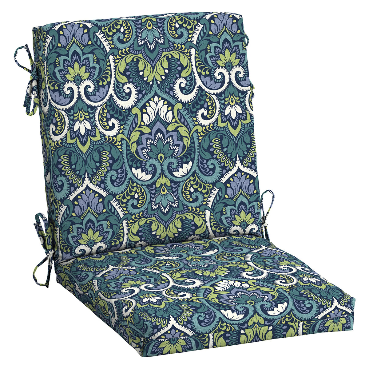 Arden Selections front view of sapphire aurora blue damask cushion, vibrant seat appeal