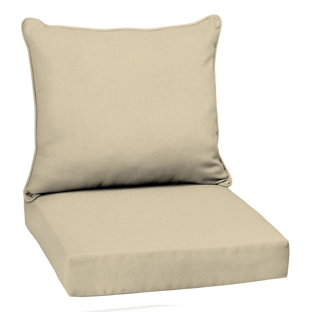Arden Selections front view of tan deep seat set showing neat tailored edges and vibrant color