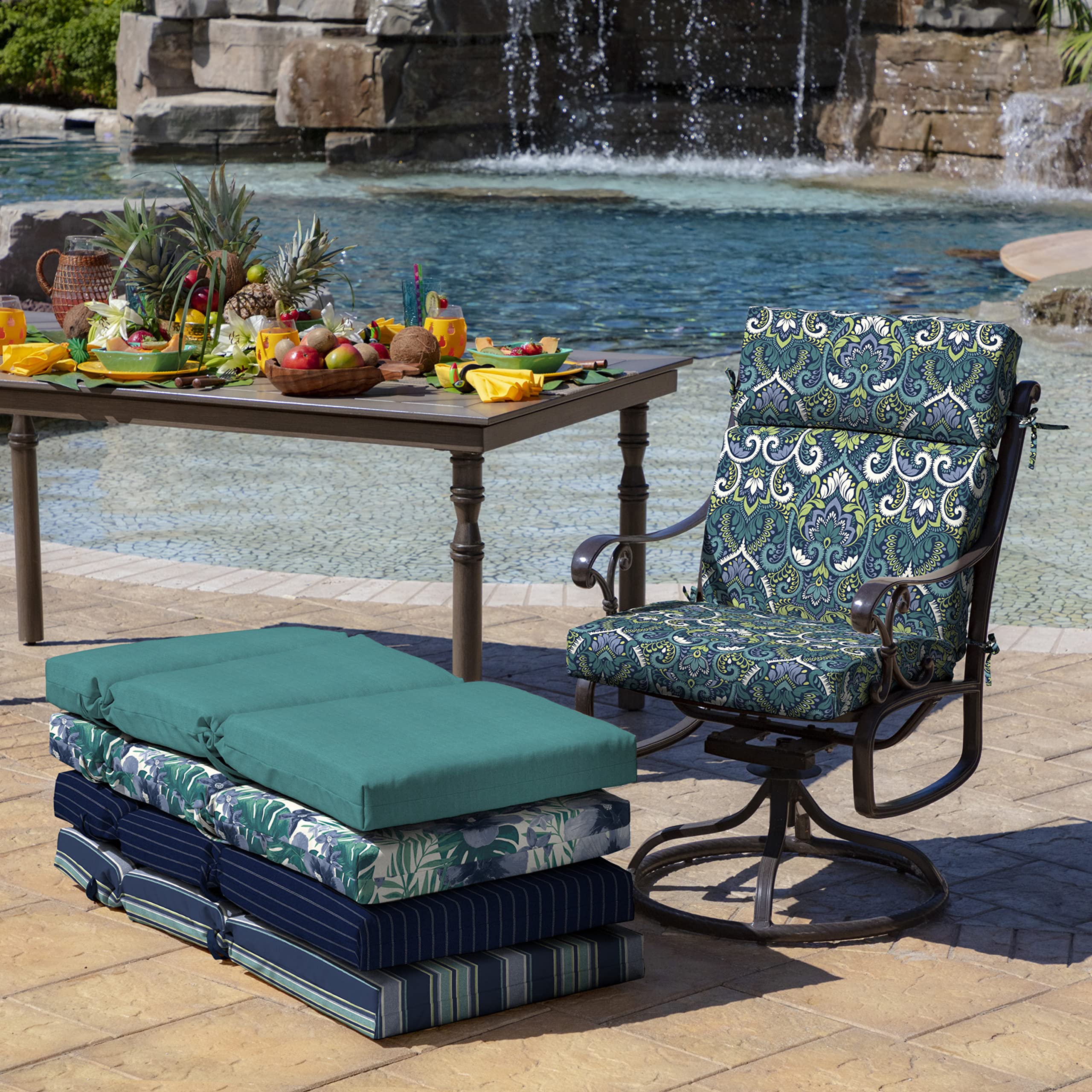 Arden Selections cushion on outdoor dining chairs showing functional style