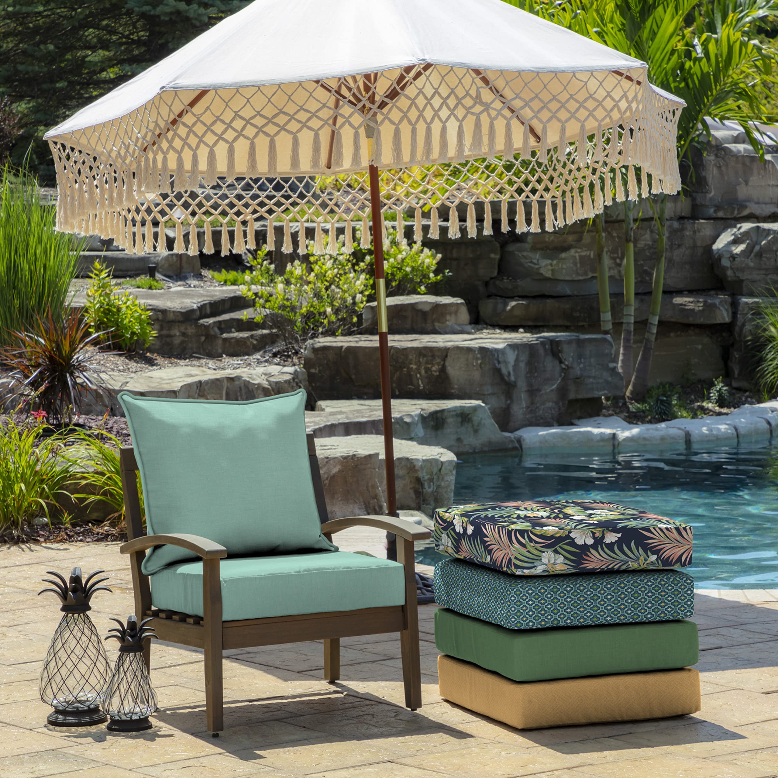 Arden Selections cushions in use on a deep seat chair offering comfortable outdoor seating