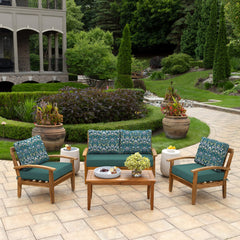 Arden Selections cushions in use on wooden loveseat showing weather readiness