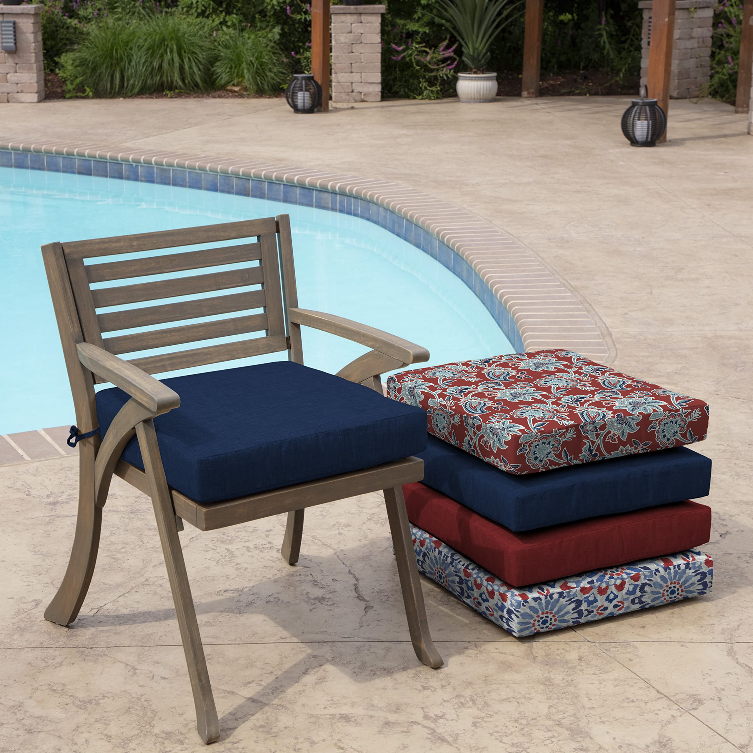 Arden Selections cushion on patio chair demonstrating outdoor use benefit