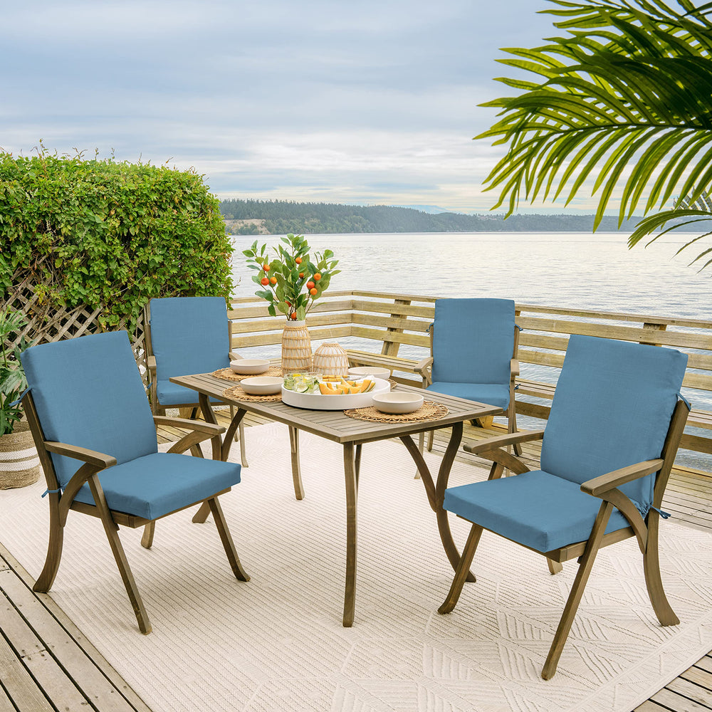 Arden Selections cushions in use on patio dining chairs conveying stylish outdoor comfort benefits