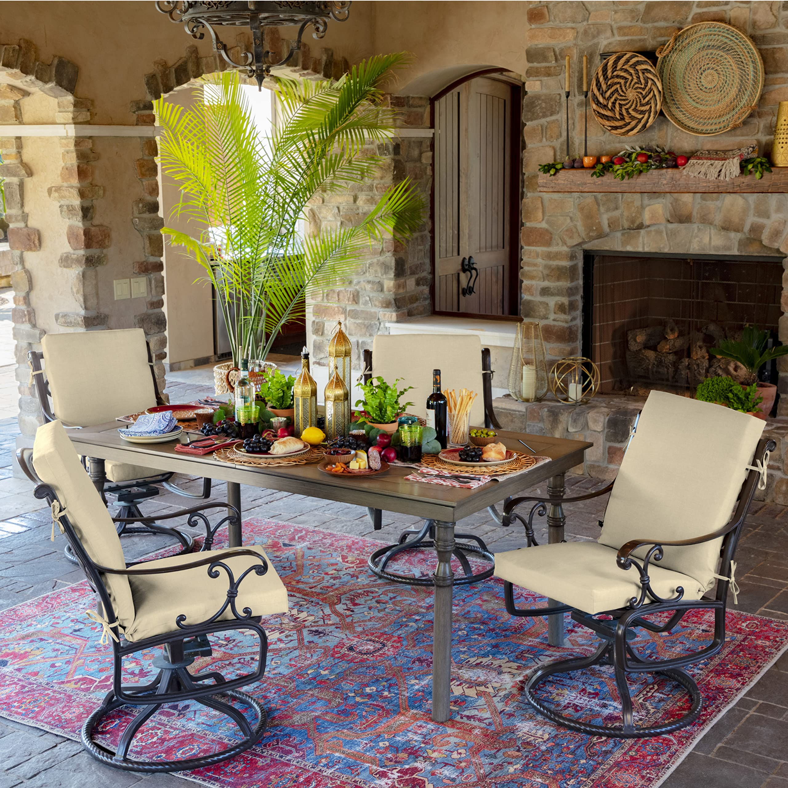 Arden Selections cushions stacked indoors to show easy off-season storage