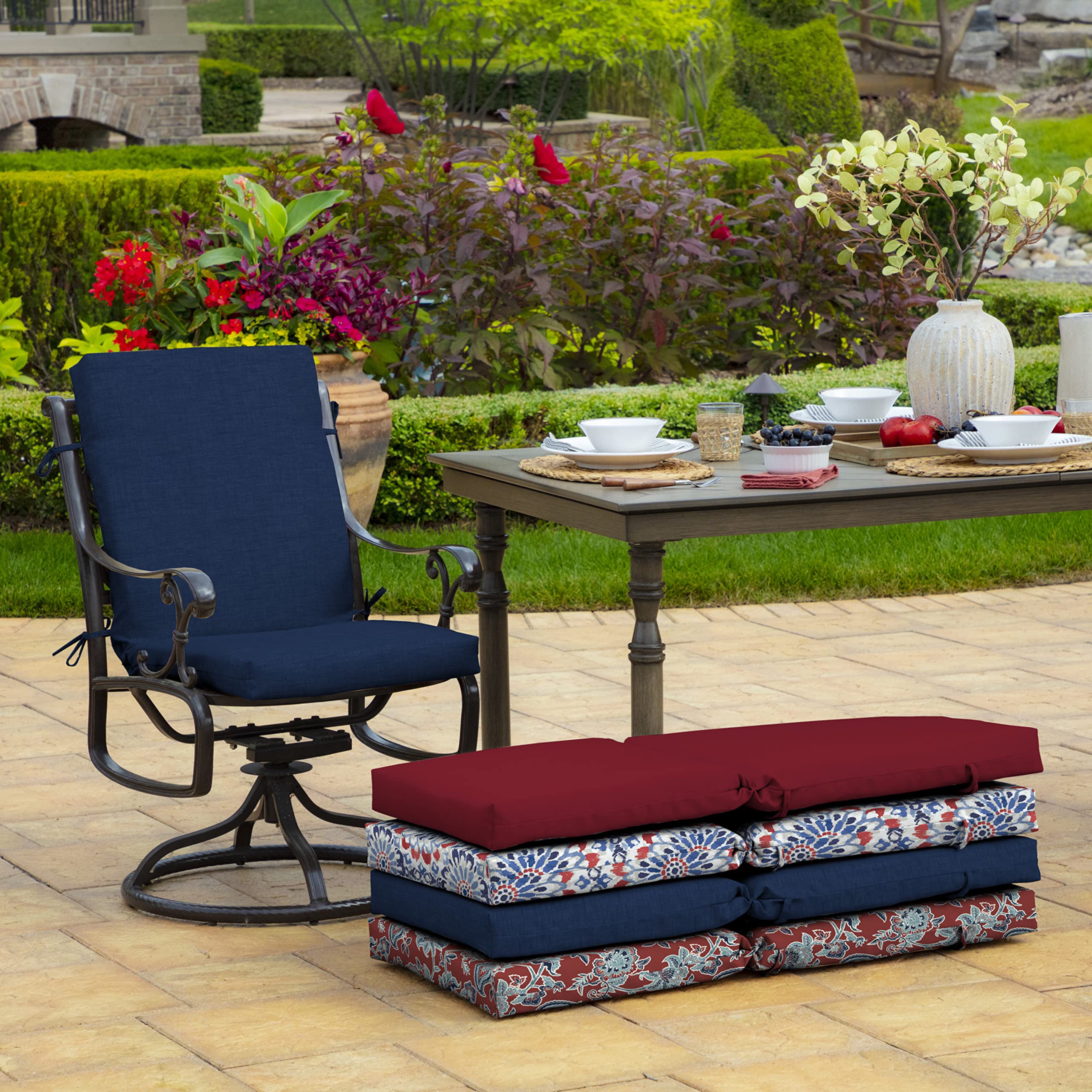 Arden Selections cushions on patio dining set, conveys enhanced outdoor comfort and style