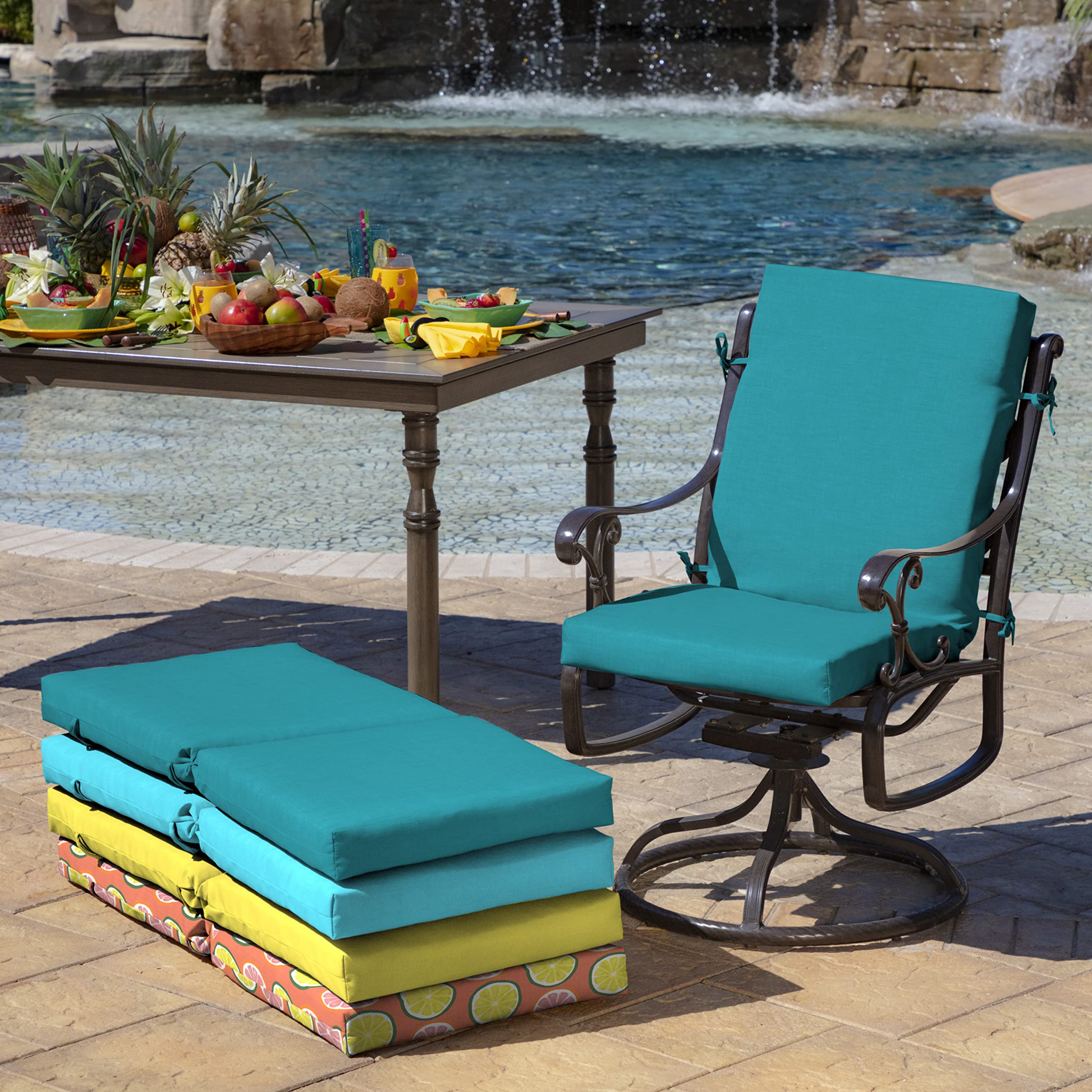 Arden Selections cushions styled on a porch dining set, inviting comfort