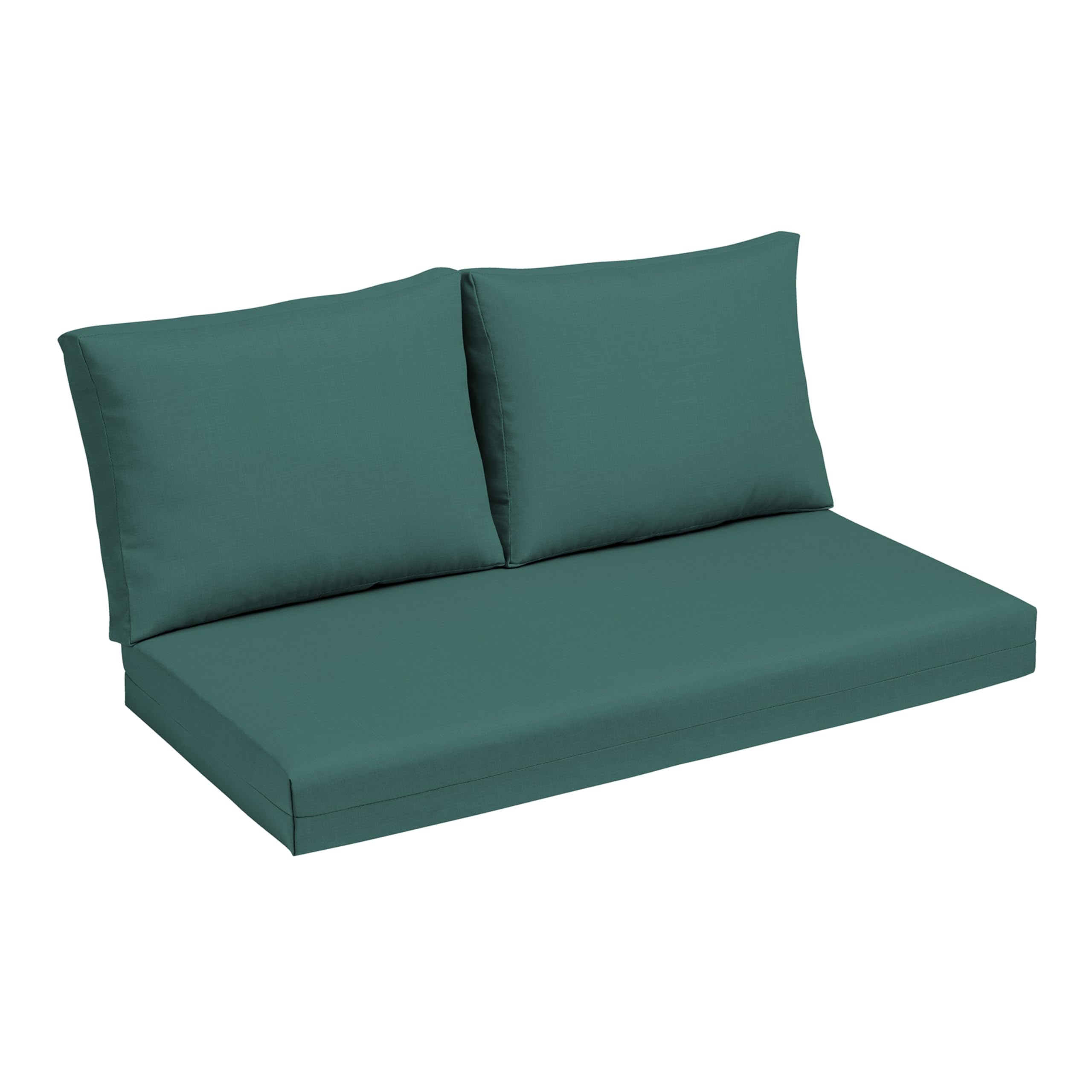 Arden Selections front view of peacock blue green loveseat cushion set showing fit and color