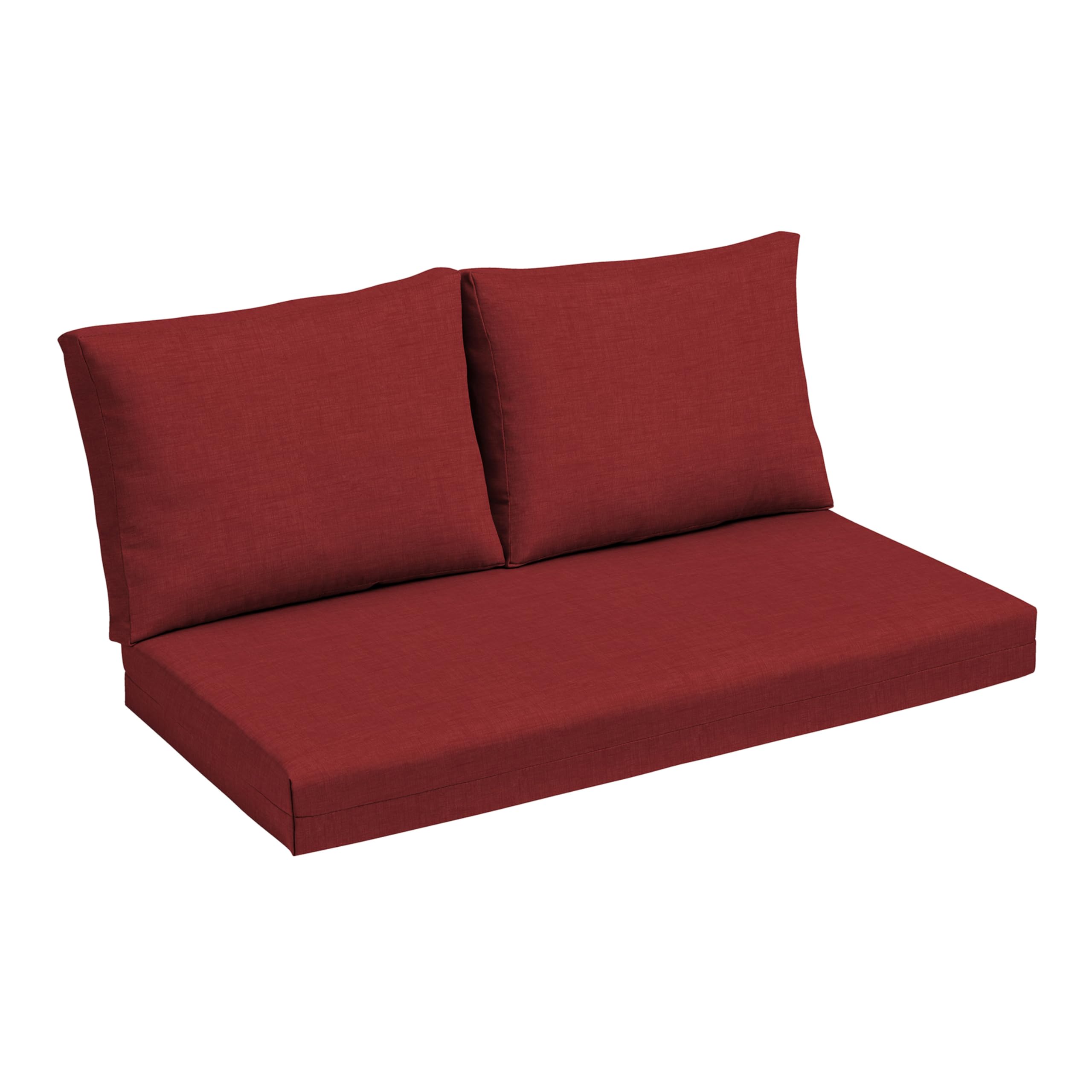 Arden Selections front view on loveseat showing ruby red color and clean fit