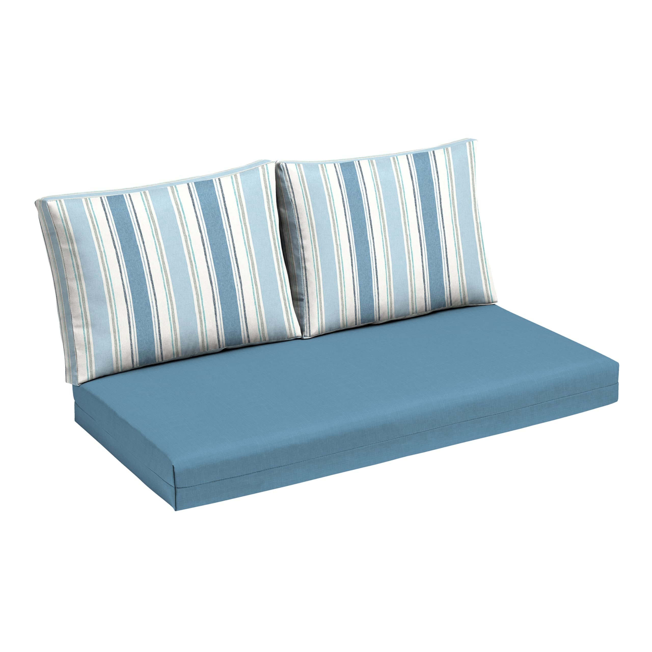Arden Selections front view of French blue linen stripe loveseat cushions showing style and fit