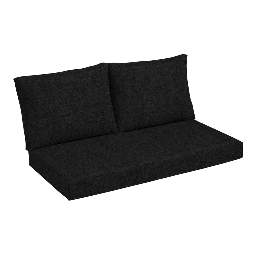 Arden Selections front view of black loveseat cushions, showing neat fit and curb appeal