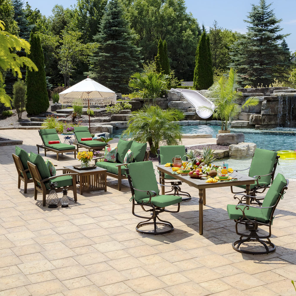 Arden Selections lifestyle patio setting with cushions showing stylish outdoor ambiance