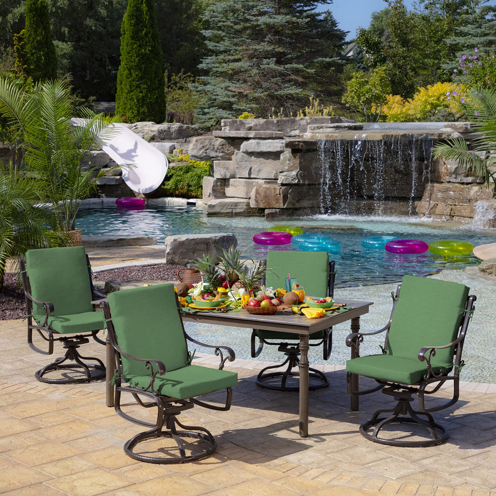 Arden Selections cushion placed on outdoor dining chair demonstrating proper fit