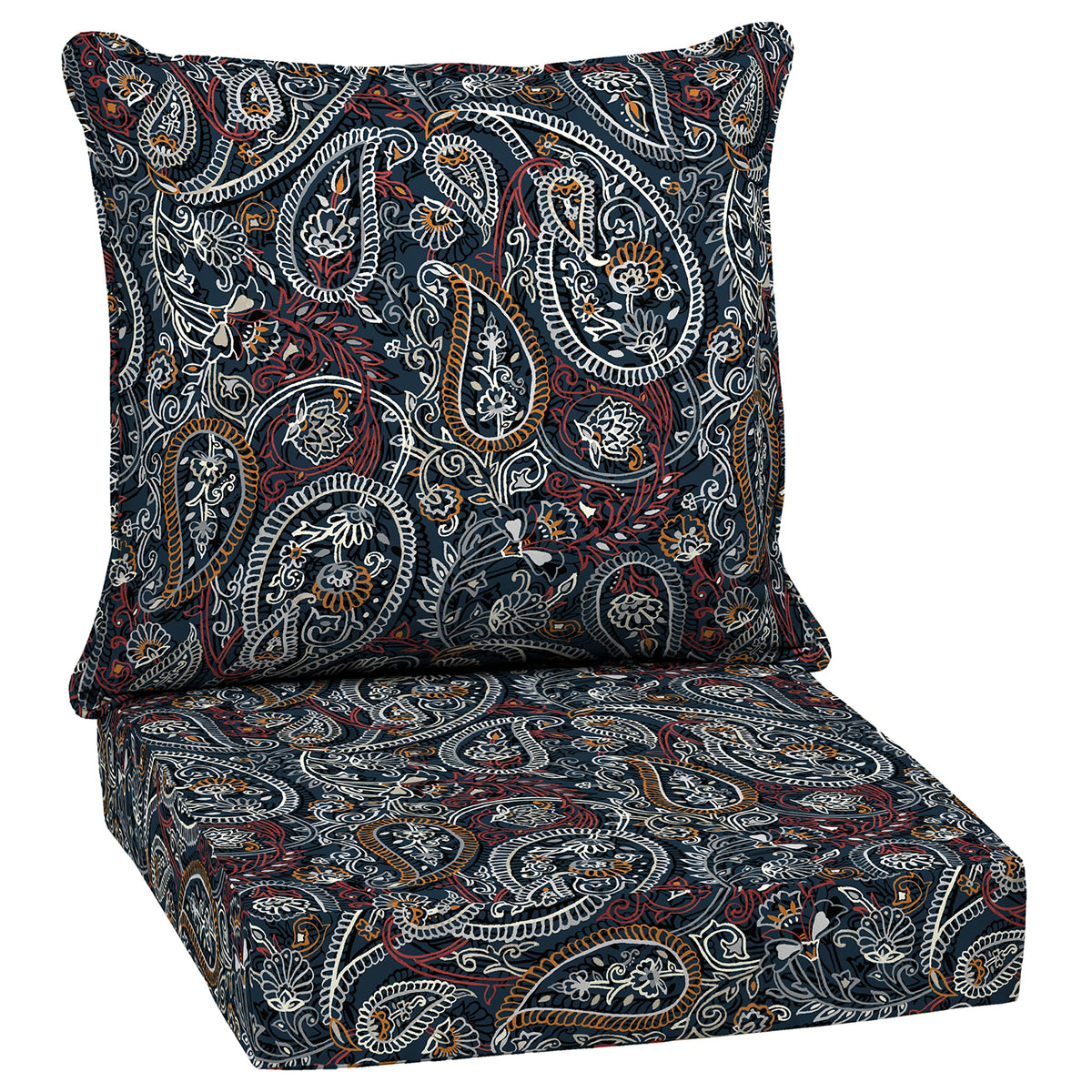 Arden Selections front view showing navy paisley cushions and vibrant pattern benefit