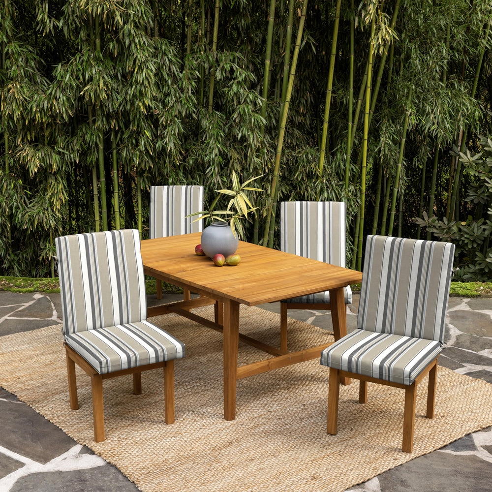Arden Selections cushions tied to dining chair demonstrating secure fit while dining outdoors