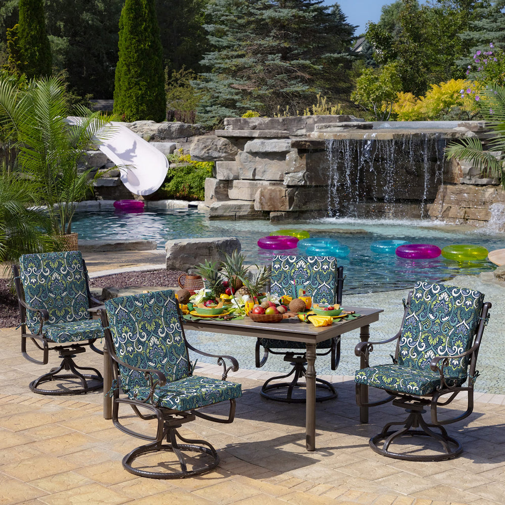Arden Selections cushion installed on dining chair, adds comfort and style outdoors