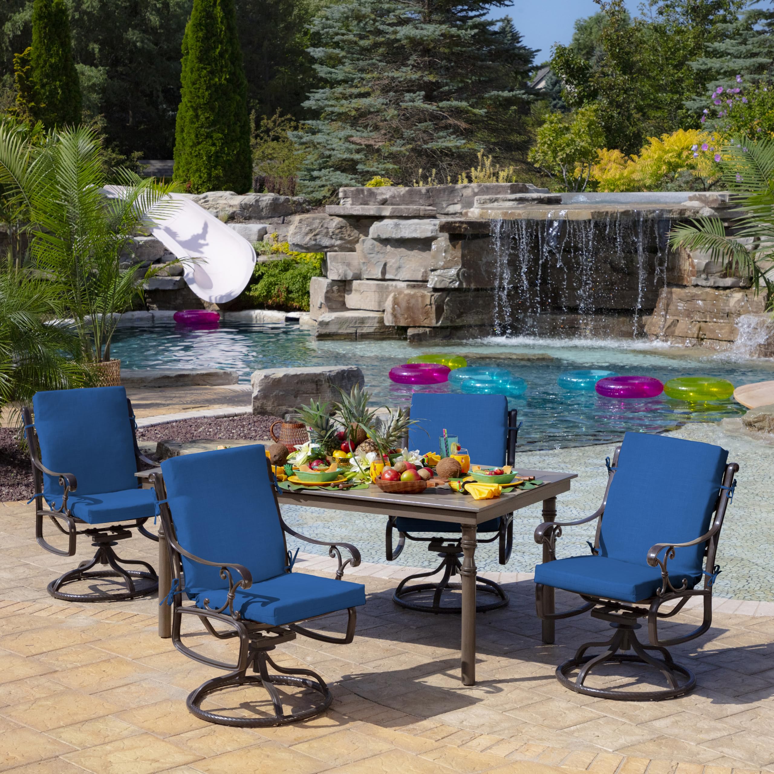 Arden Selections cushions placed on outdoor dining chair demonstrating fit and comfort
