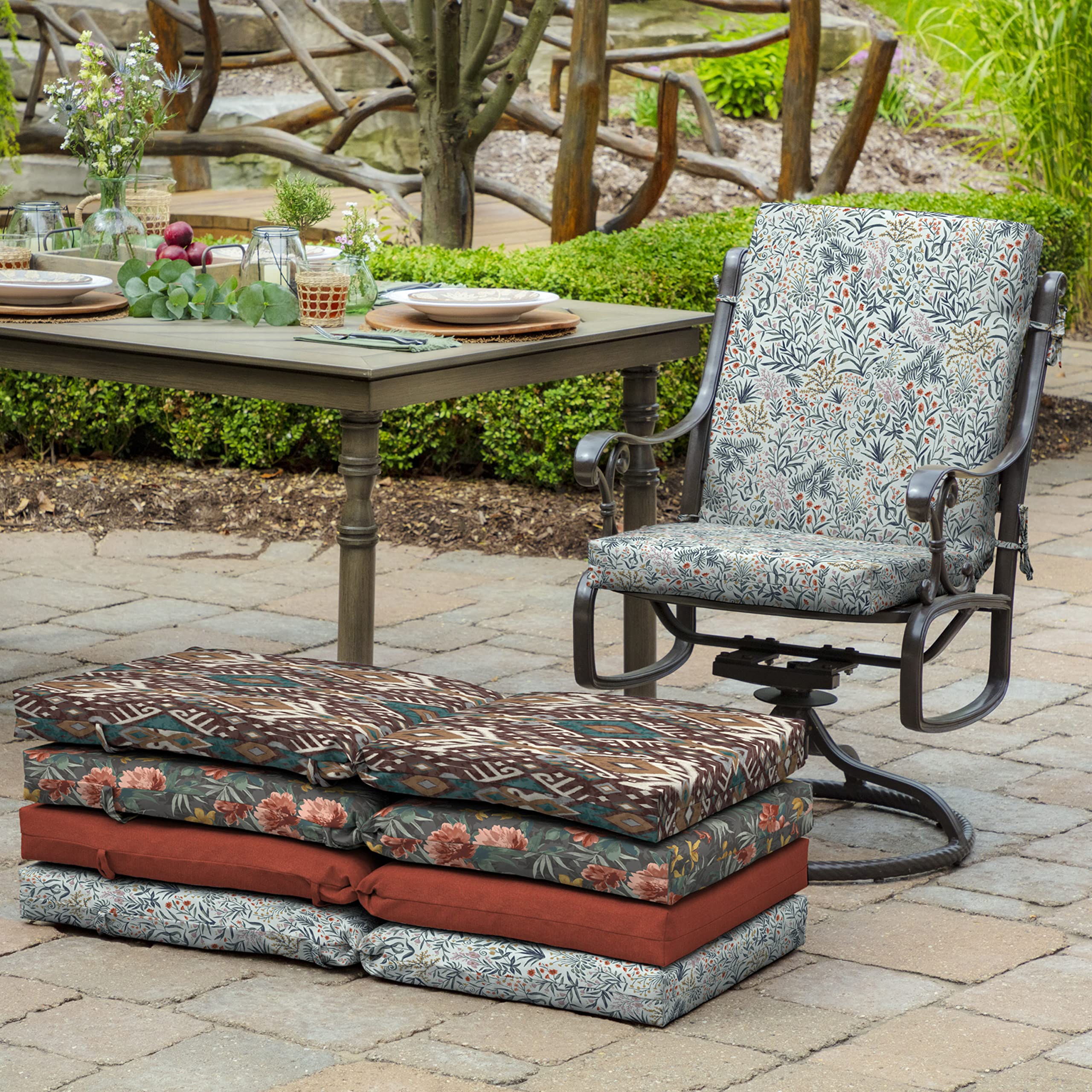 Arden Selections cushions installed on a patio dining chair demonstrating improved comfort