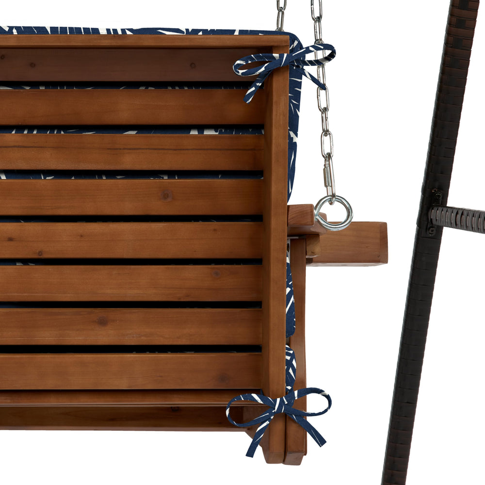 Arden Selections cushions on a porch swing showing weather-ready outdoor styling benefit