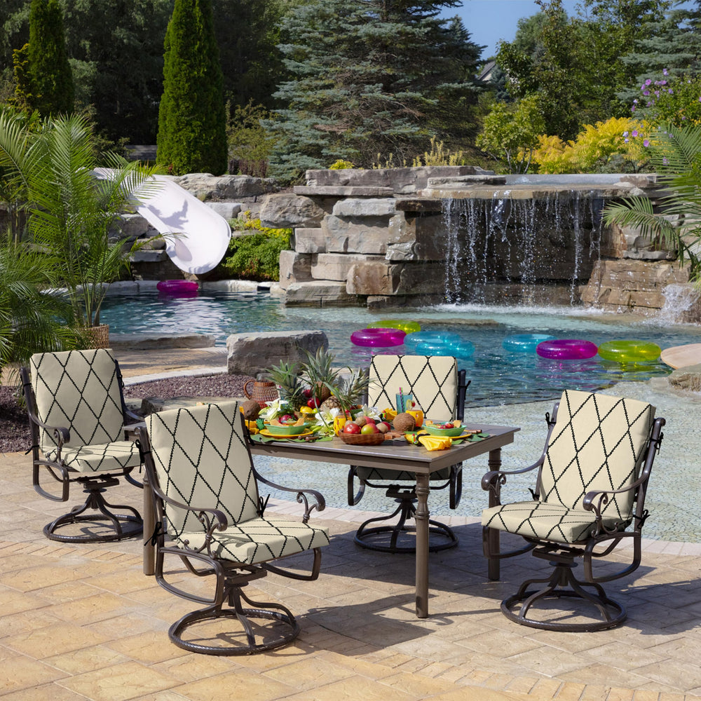 Arden Selections placed on wicker dining chair shows coordinated outdoor style
