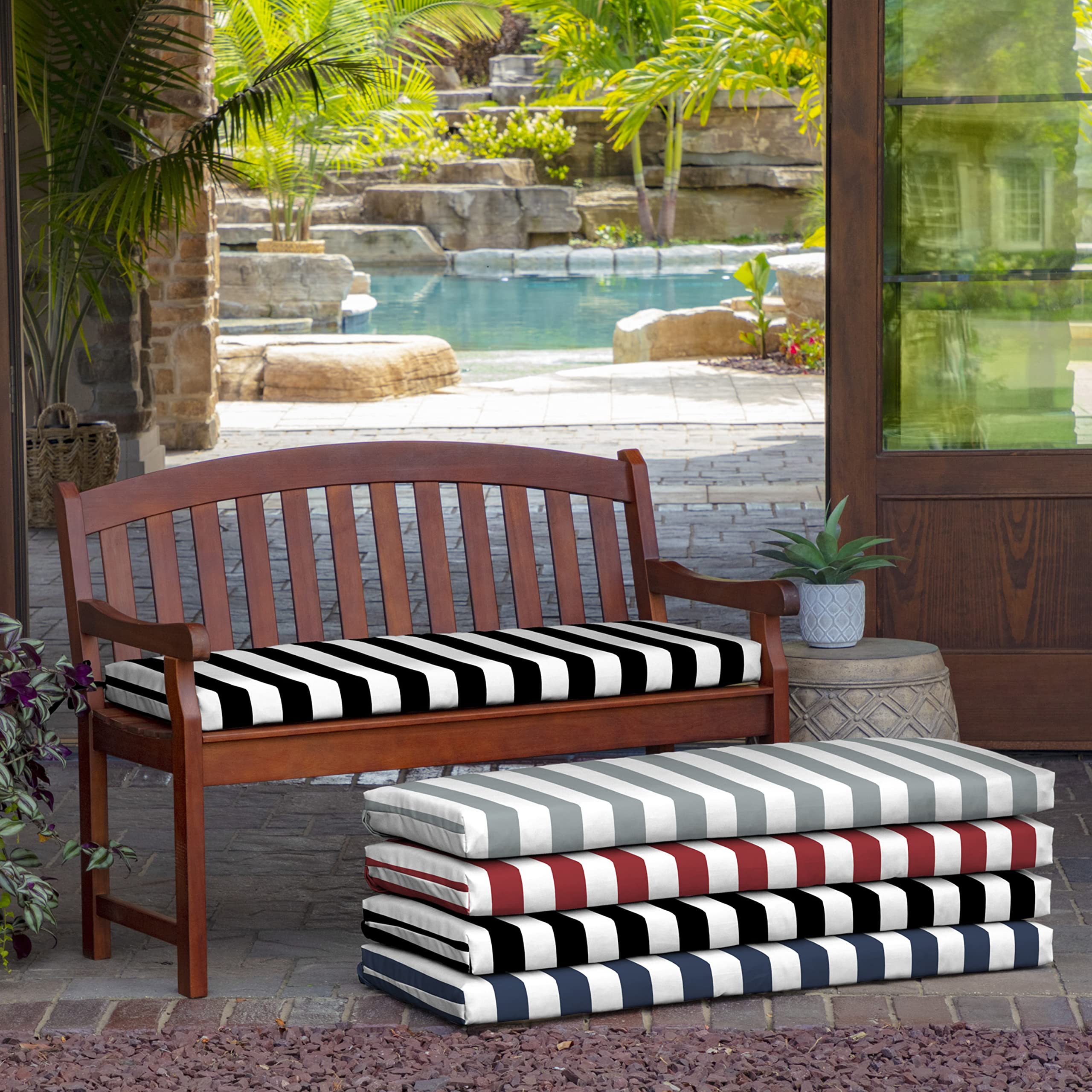 Arden Selections bench cushion on wooden porch bench illustrating outdoor style