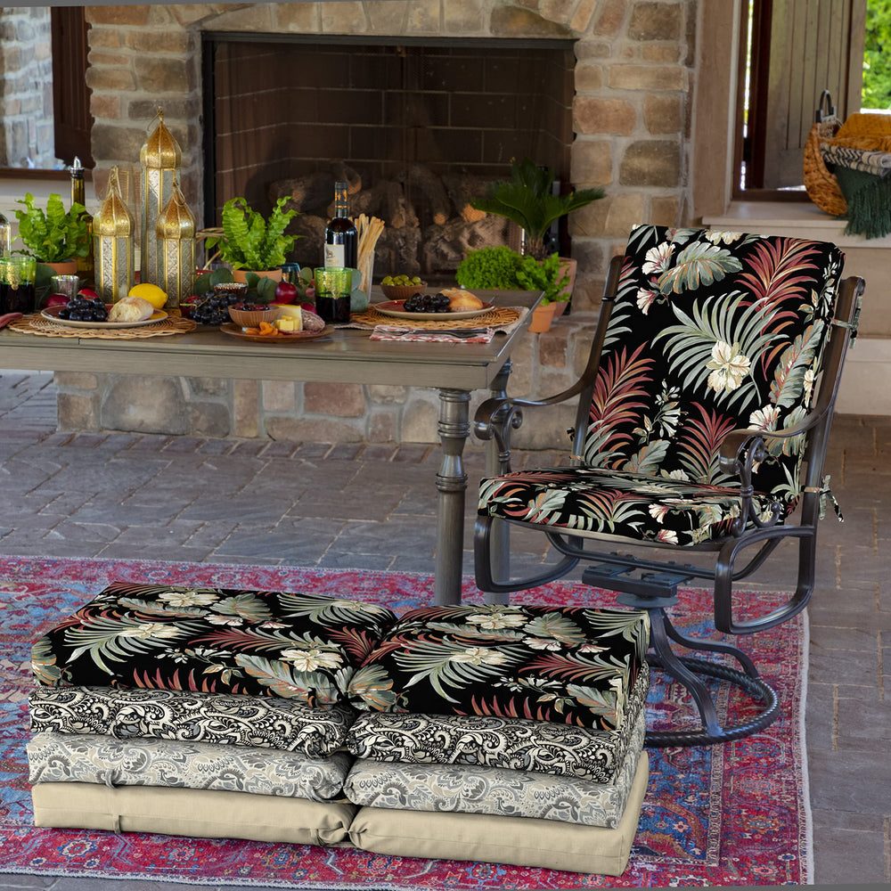Arden Selections cushions on patio chairs in use showing comfortable outdoor dining setup