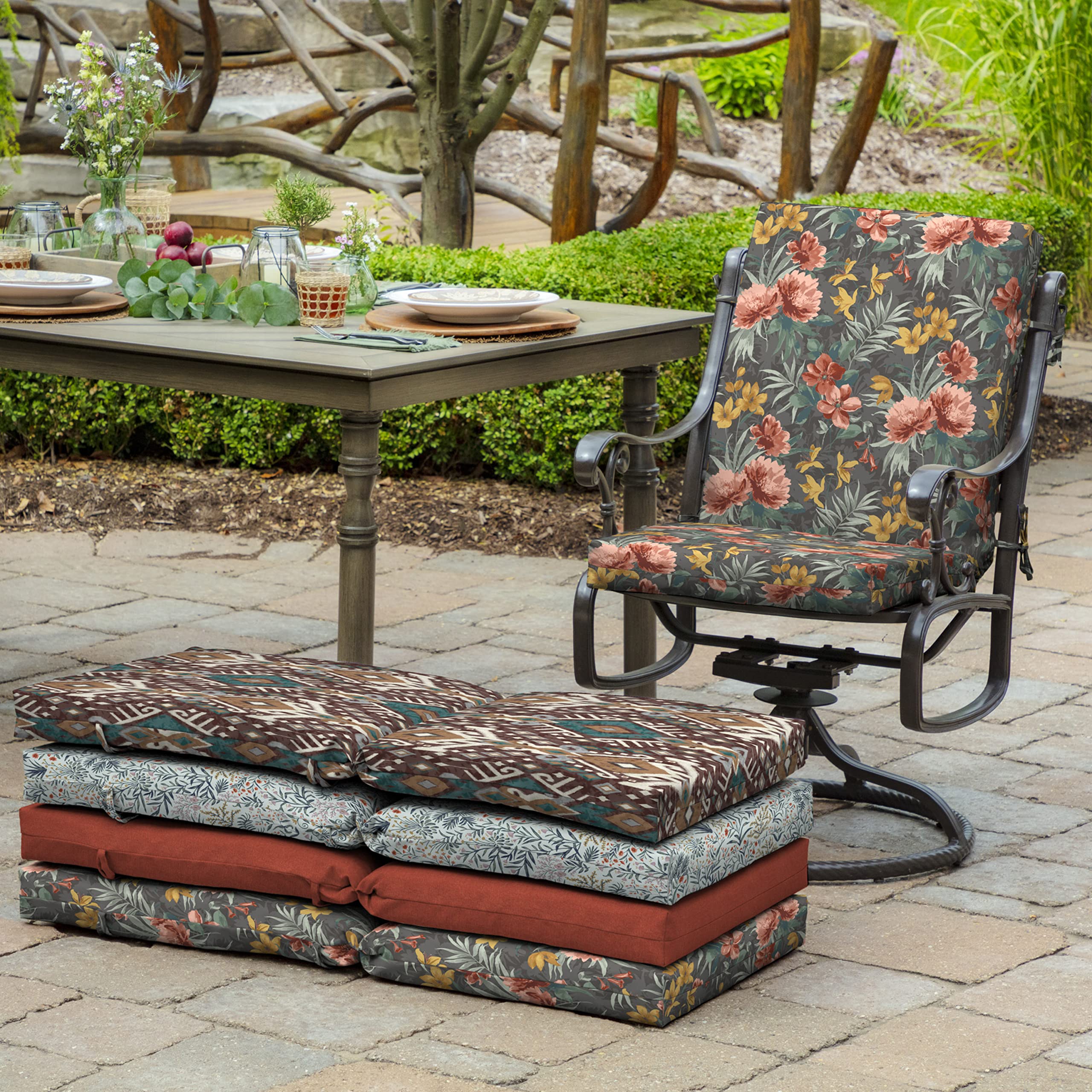 Arden Selections Phoebe cushion installed on outdoor dining chair for comfortable seating