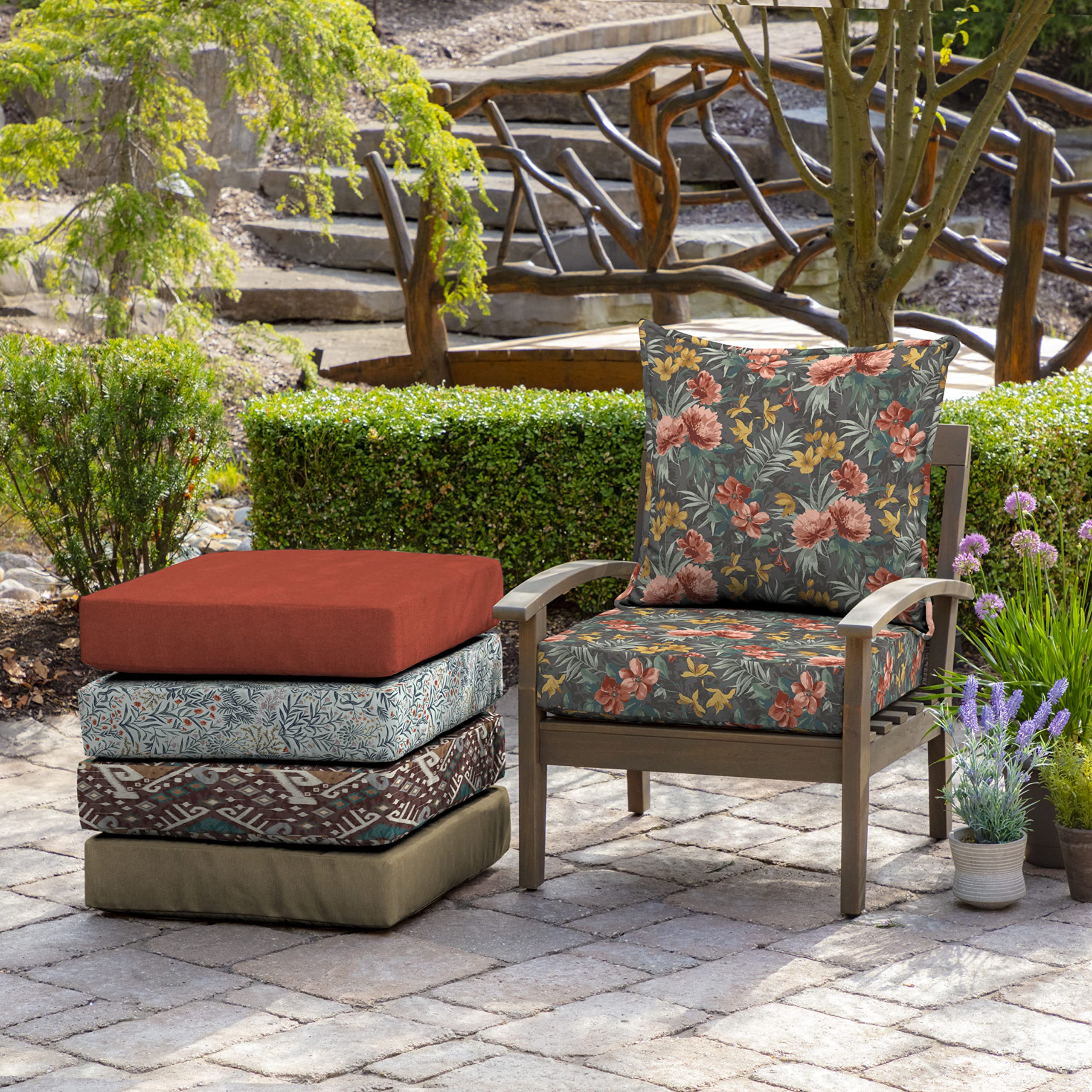 Arden Selections cushions styled on patio sofa to show visual upgrade and outdoor use