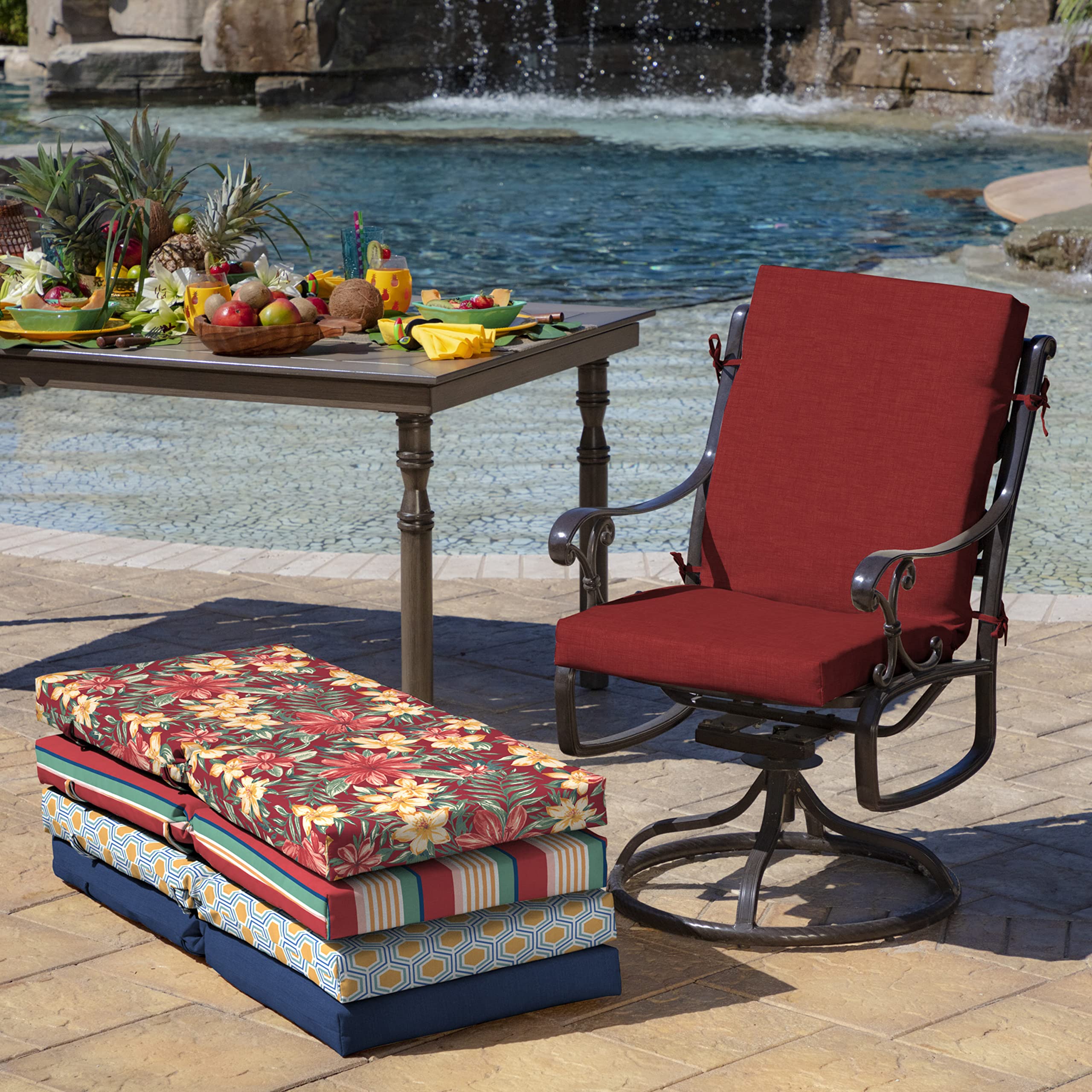 Arden Selections fabric ties close-up demonstrating secure attachment to dining chairs