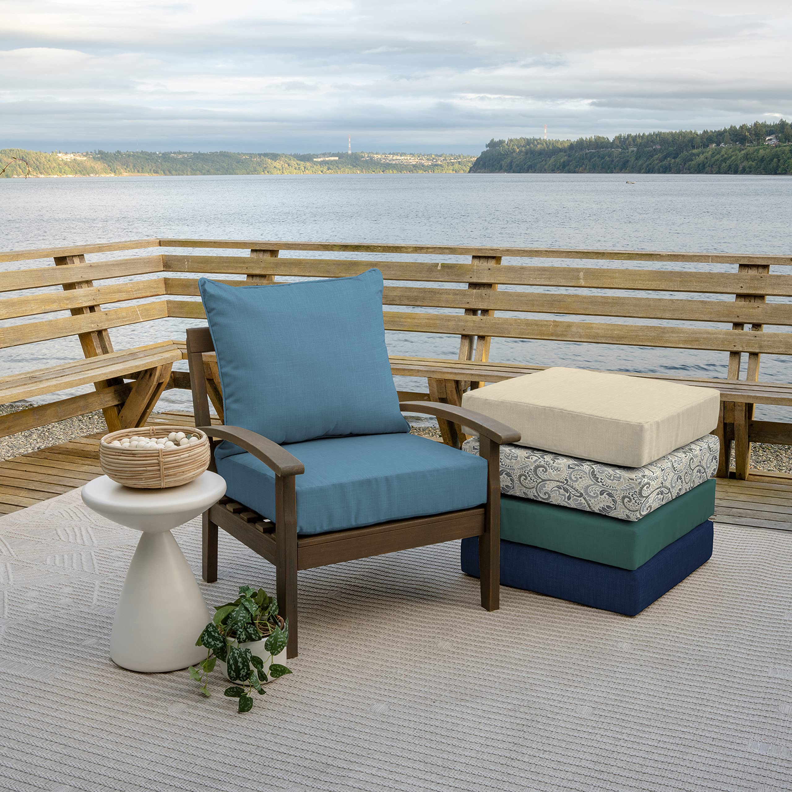 Arden Selections cushion set installed on a patio chair demonstrating durable comfort